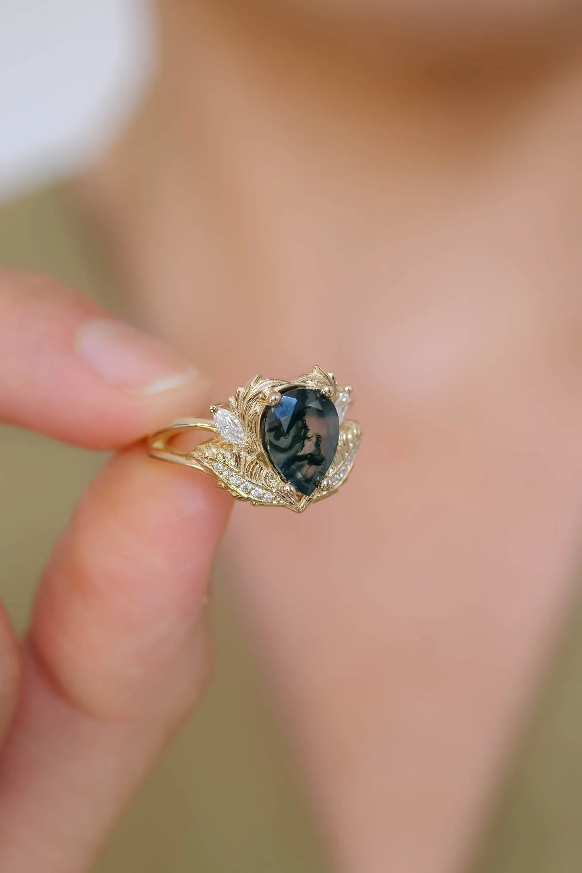 One of a kind moss agate engagement ring, unique gold proposal ring with diamonds / Adonis