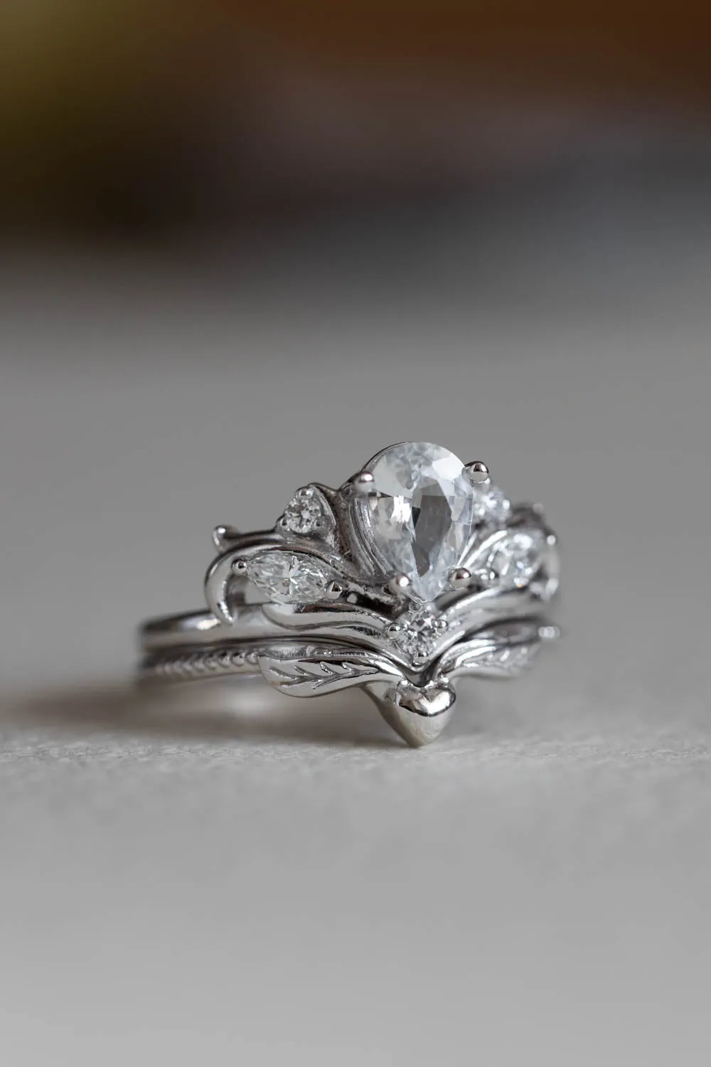 Pear cut white sapphire engagement ring, white gold fantasy ring with diamonds / Swanlake