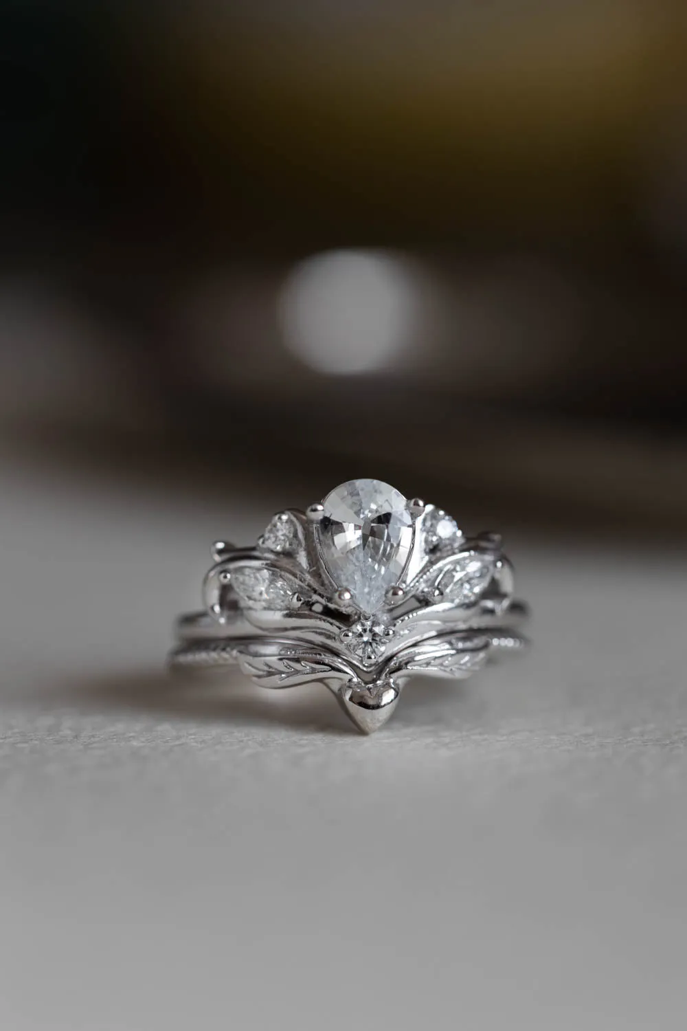 Pear cut white sapphire engagement ring, white gold fantasy ring with diamonds / Swanlake