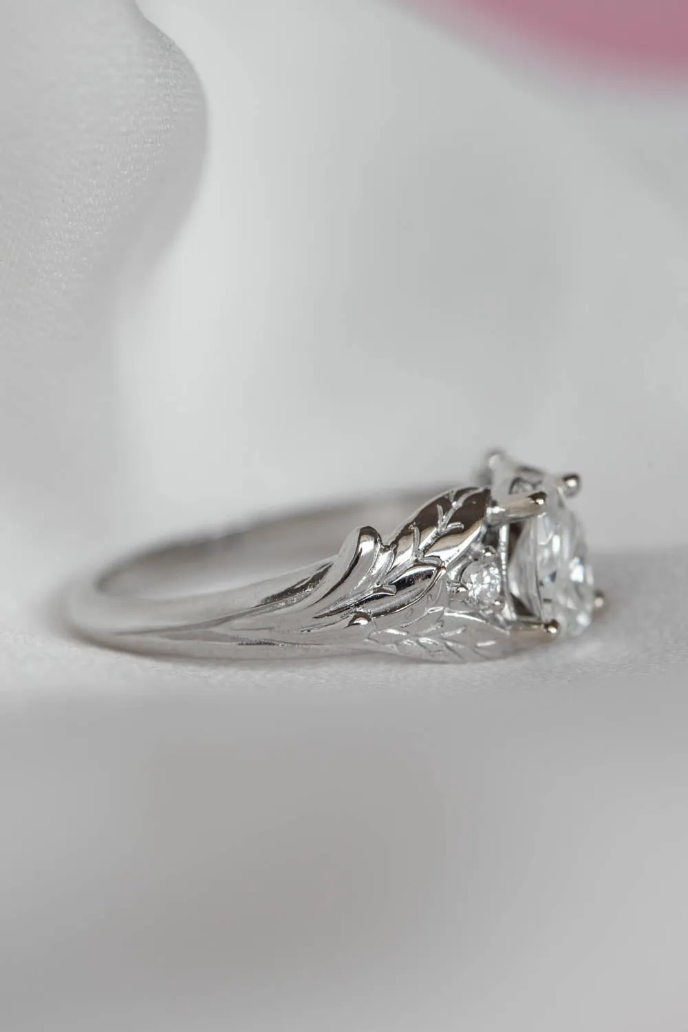 Pear cut white sapphire engagement ring, white gold leaf ring with accent diamonds / Wisteria