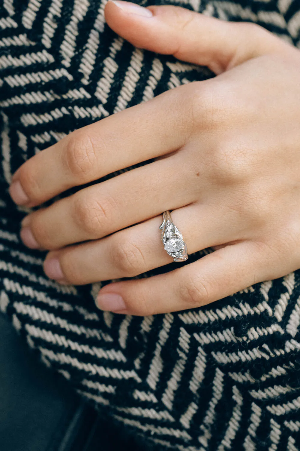 Pear cut white sapphire engagement ring, white gold leaf ring with accent diamonds / Wisteria