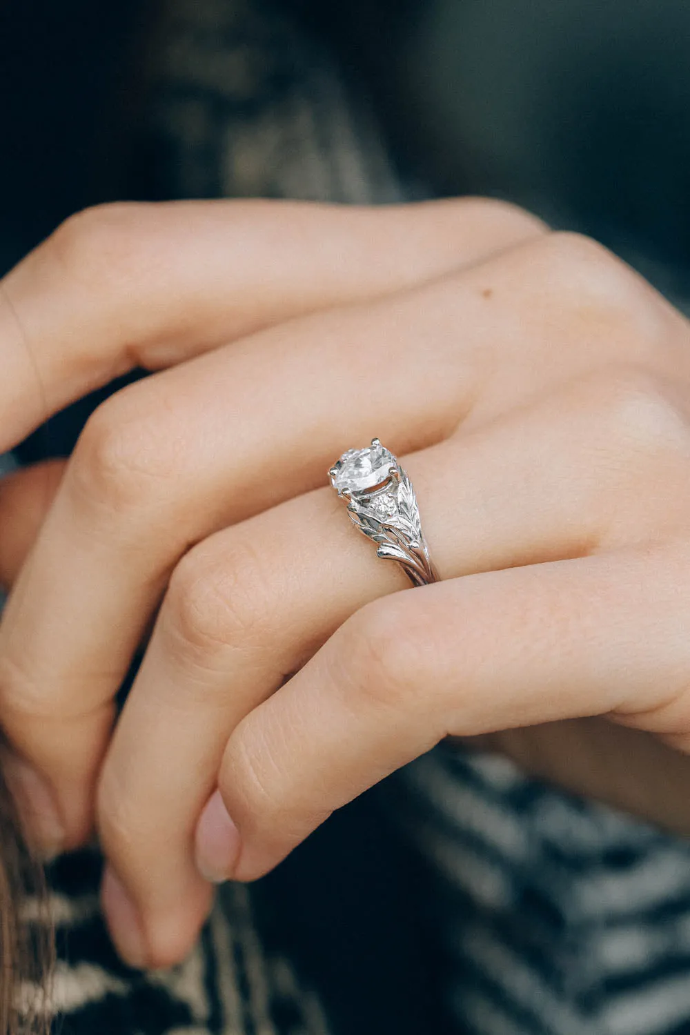 Pear cut white sapphire engagement ring, white gold leaf ring with accent diamonds / Wisteria