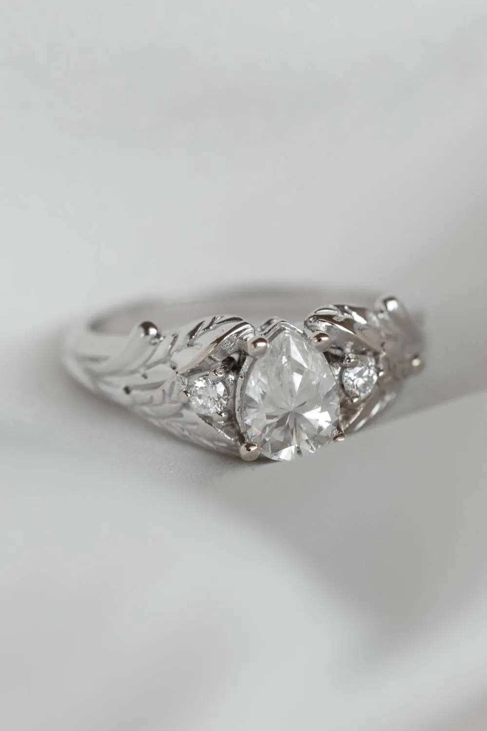 Pear cut white sapphire engagement ring, white gold leaf ring with accent diamonds / Wisteria