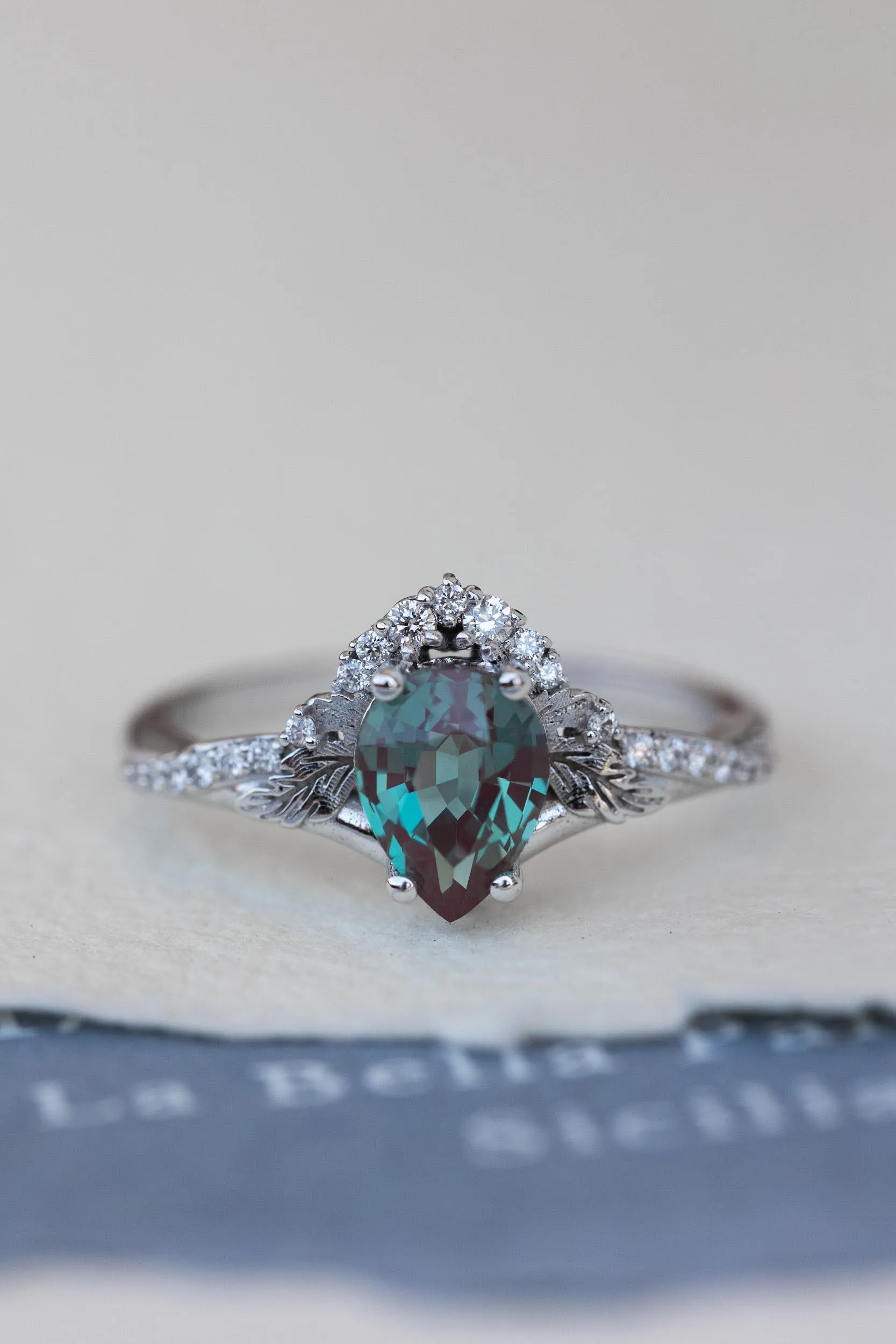 Pear lab alexandrite engagement ring, nature inspired proposal ring with accent diamonds / Amelia