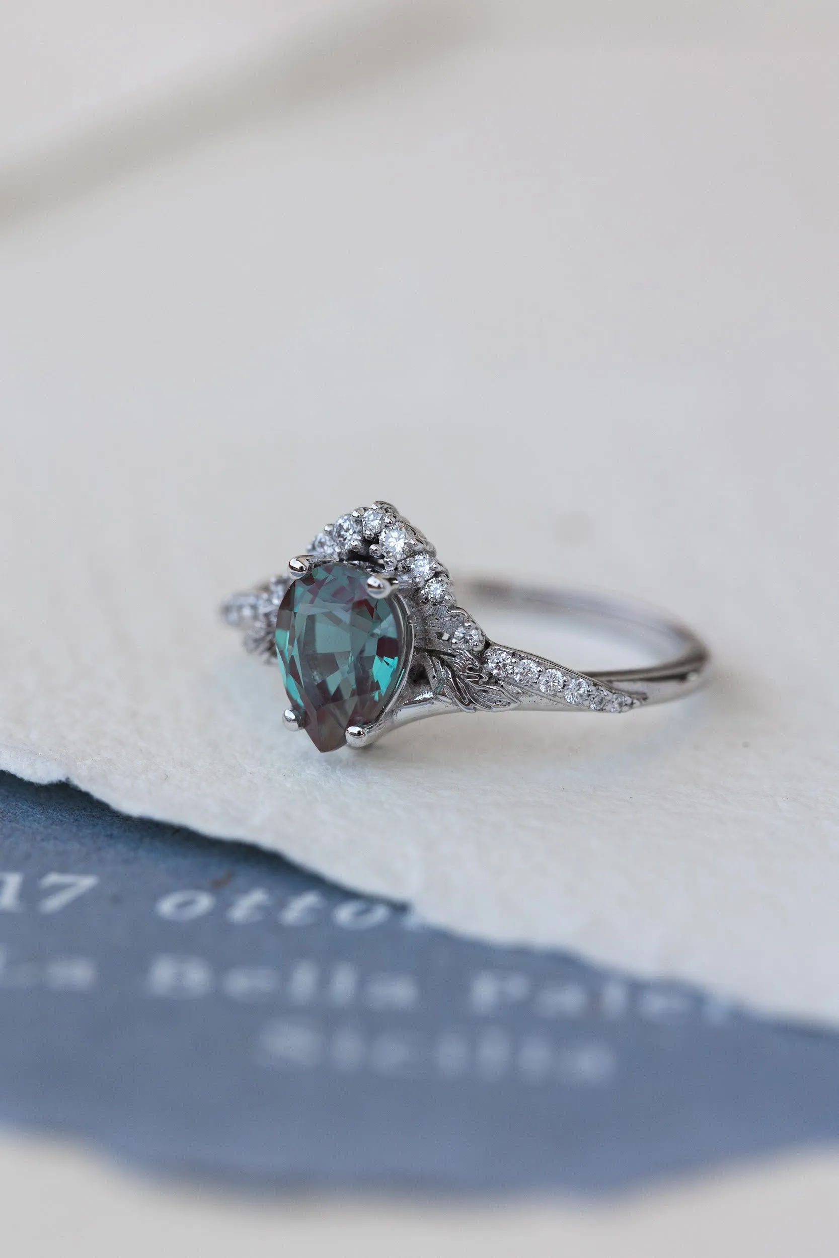 Pear lab alexandrite engagement ring, nature inspired proposal ring with accent diamonds / Amelia