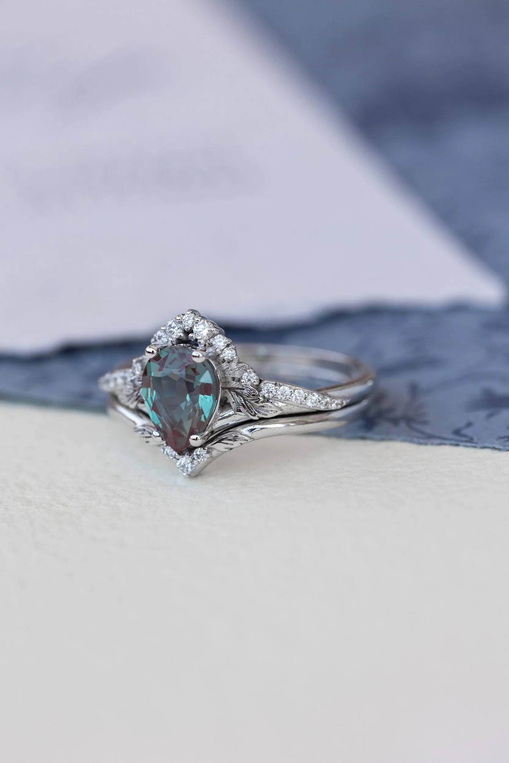 Pear lab alexandrite engagement ring, nature inspired proposal ring with accent diamonds / Amelia