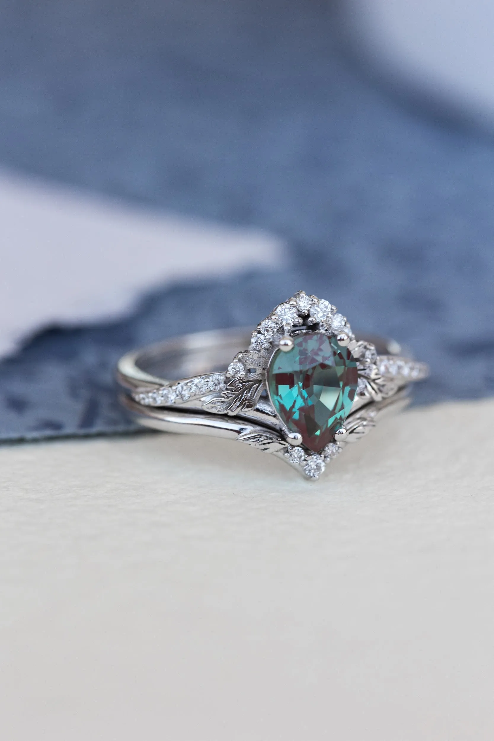 Pear lab alexandrite engagement ring, nature inspired proposal ring with accent diamonds / Amelia