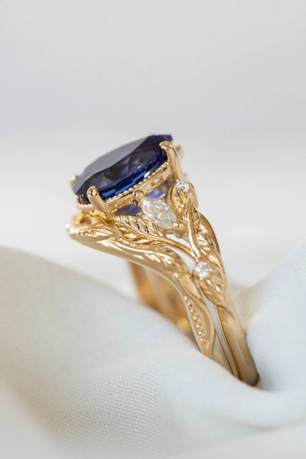 Pear sapphire twig engagement ring, royal blue lab sapphire proposal ring with diamonds / Patricia