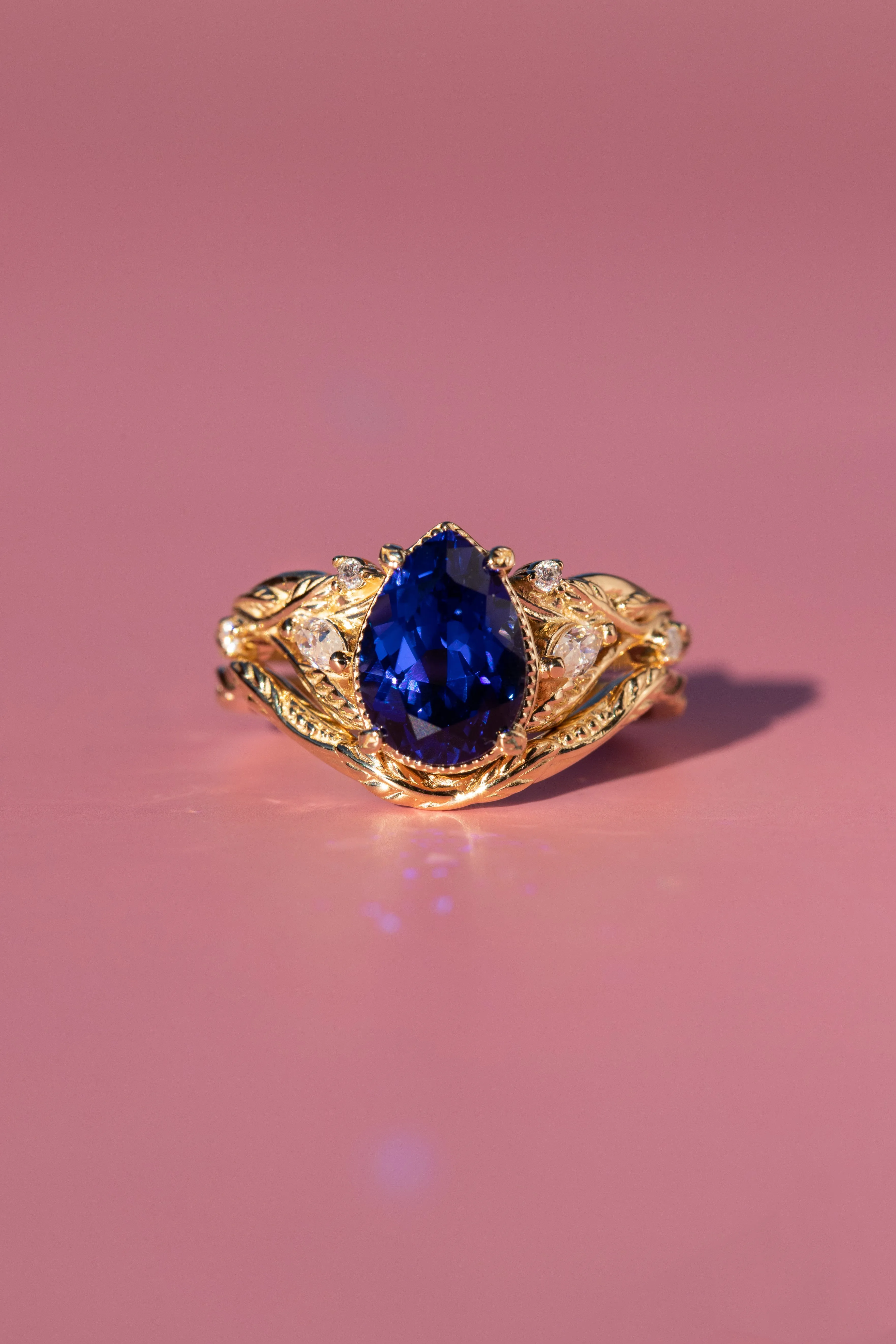 Pear sapphire twig engagement ring, royal blue lab sapphire proposal ring with diamonds / Patricia