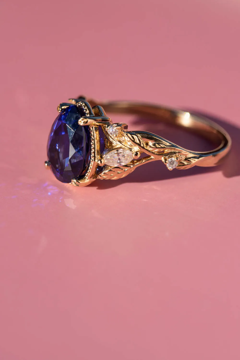 Pear sapphire twig engagement ring, royal blue lab sapphire proposal ring with diamonds / Patricia