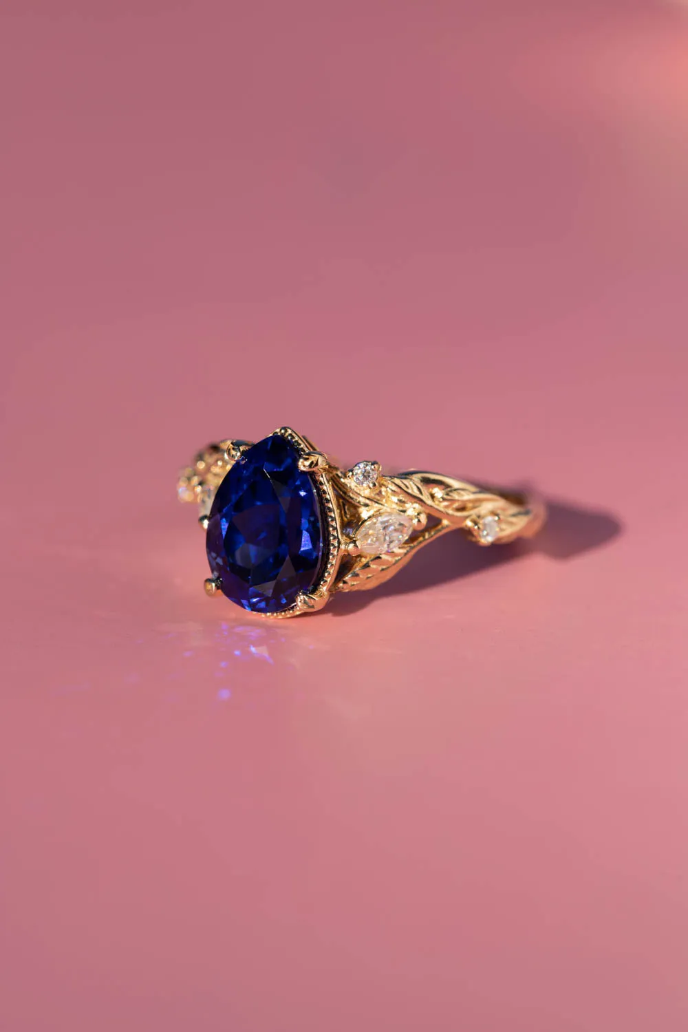 Pear sapphire twig engagement ring, royal blue lab sapphire proposal ring with diamonds / Patricia