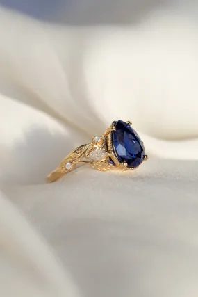 Pear sapphire twig engagement ring, royal blue lab sapphire proposal ring with diamonds / Patricia