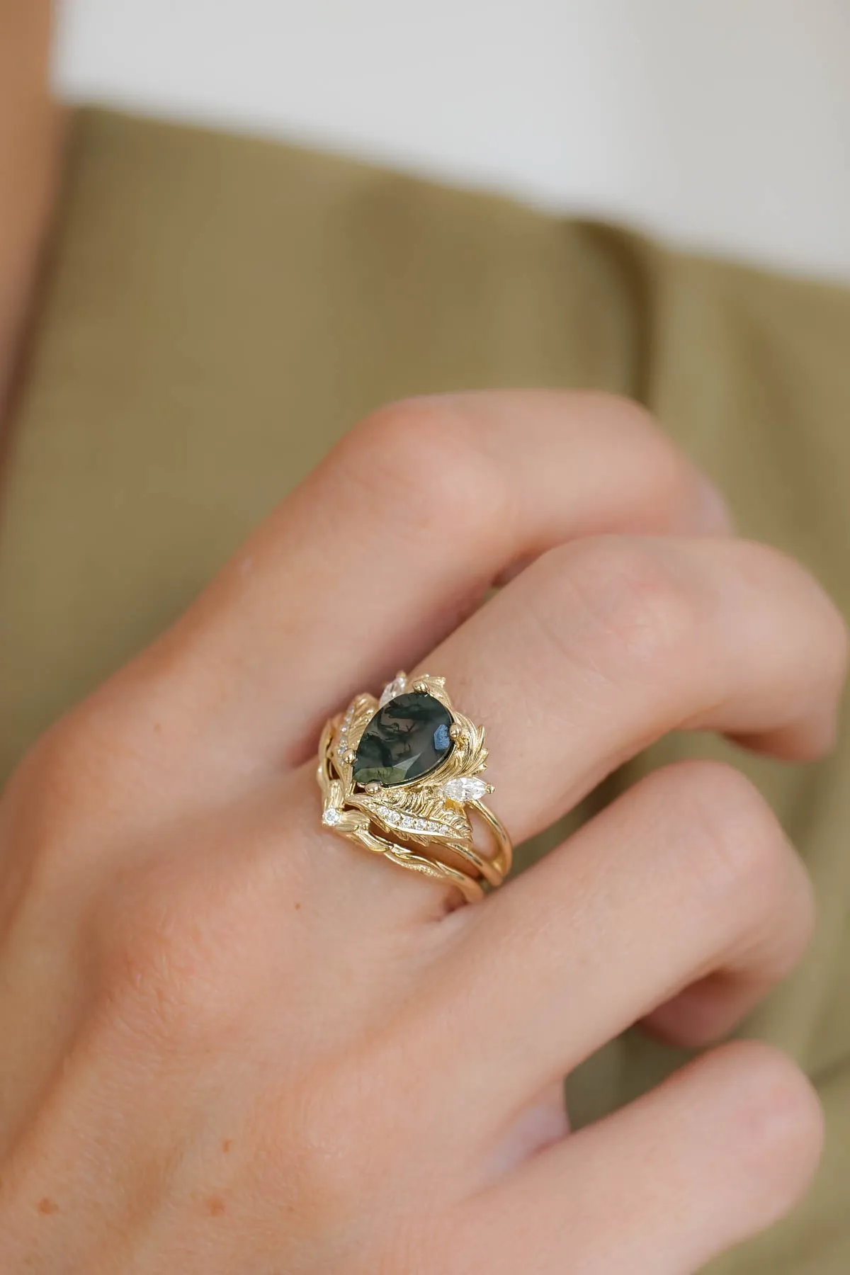 Pear shaped moss agate engagement ring set, nature themed gold rings / Adonis