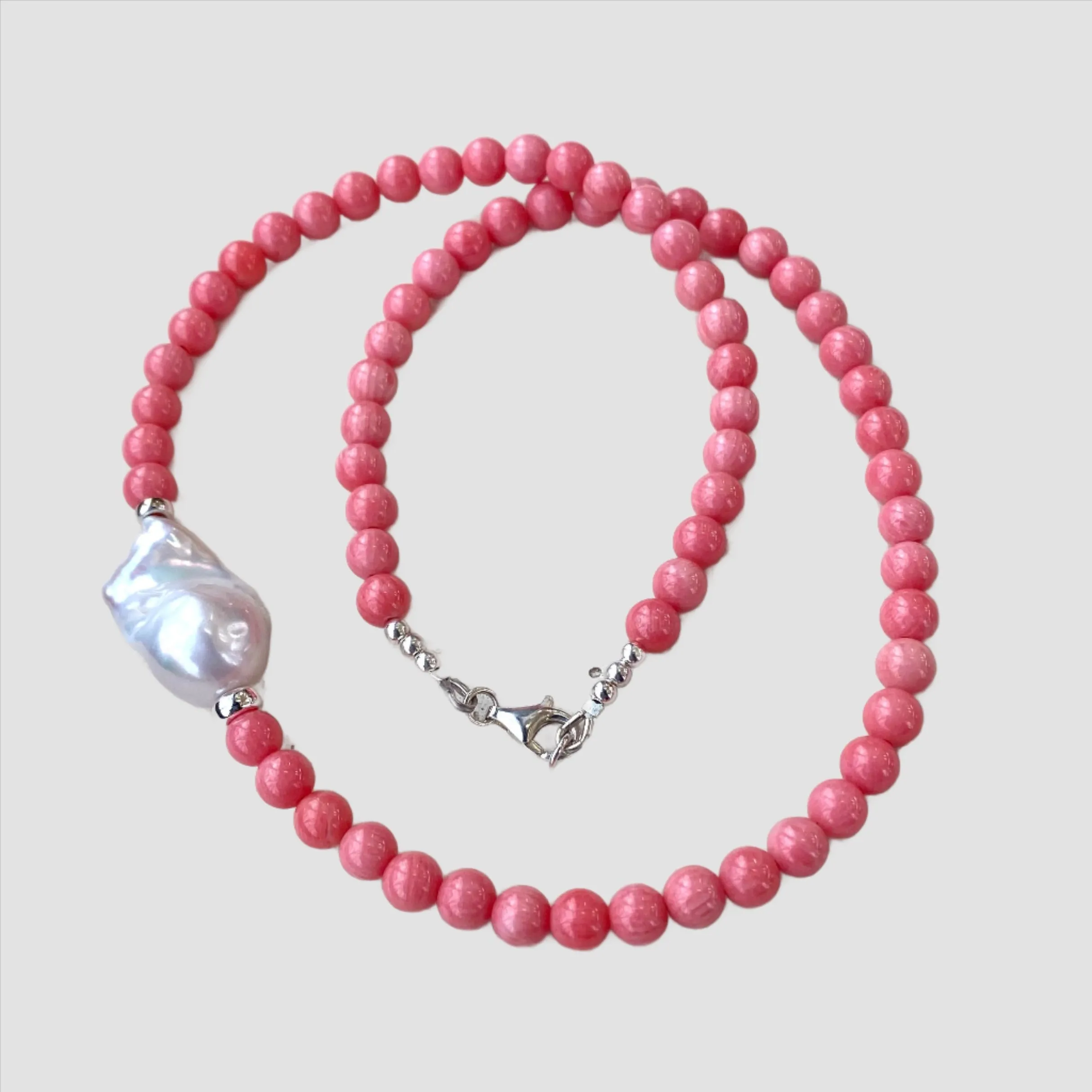 Pink Coral and Baroque Pearl Necklace with Sterling Silver Details, Summer jewelry, Beach jewelry, 18.5 inches