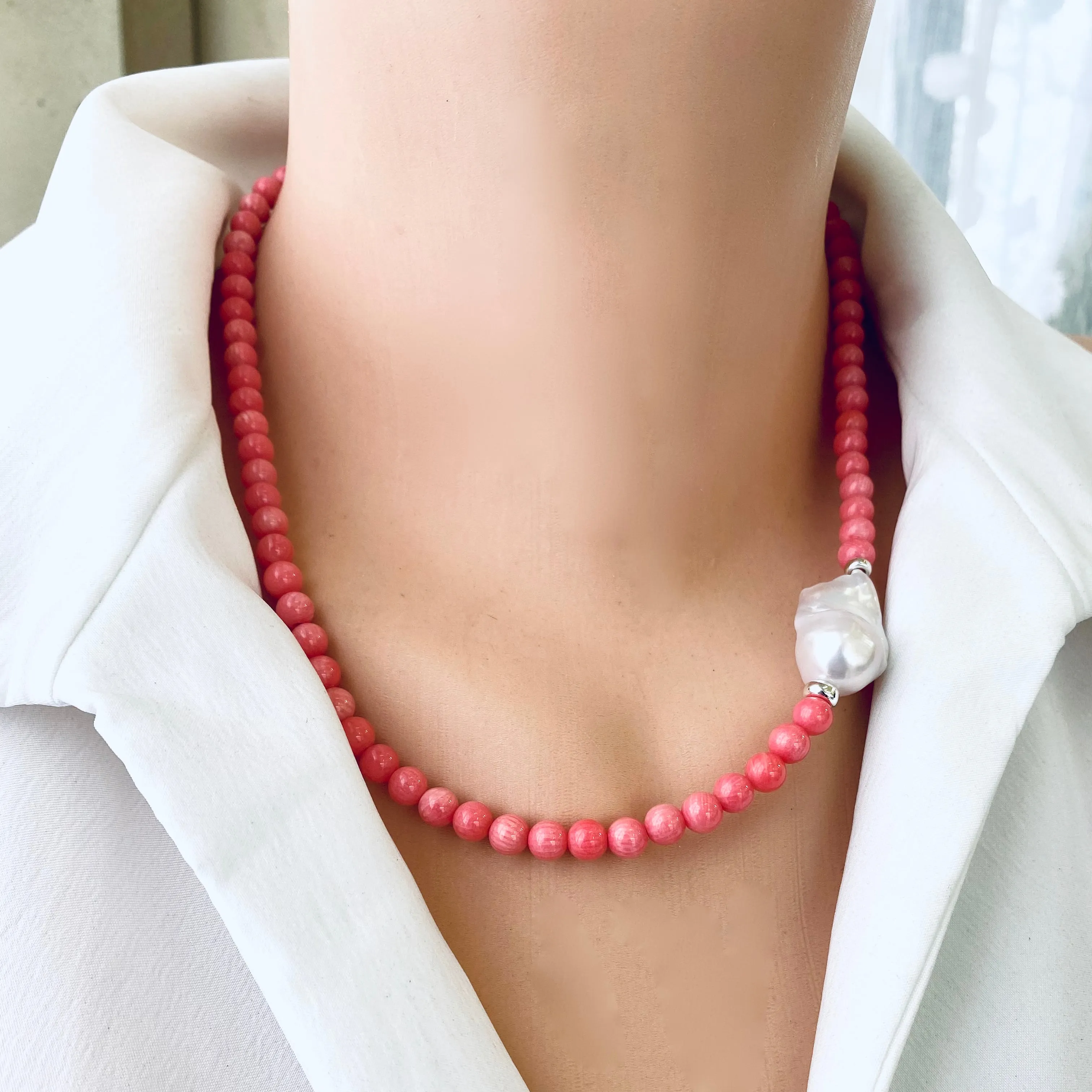 Pink Coral and Baroque Pearl Necklace with Sterling Silver Details, Summer jewelry, Beach jewelry, 18.5 inches