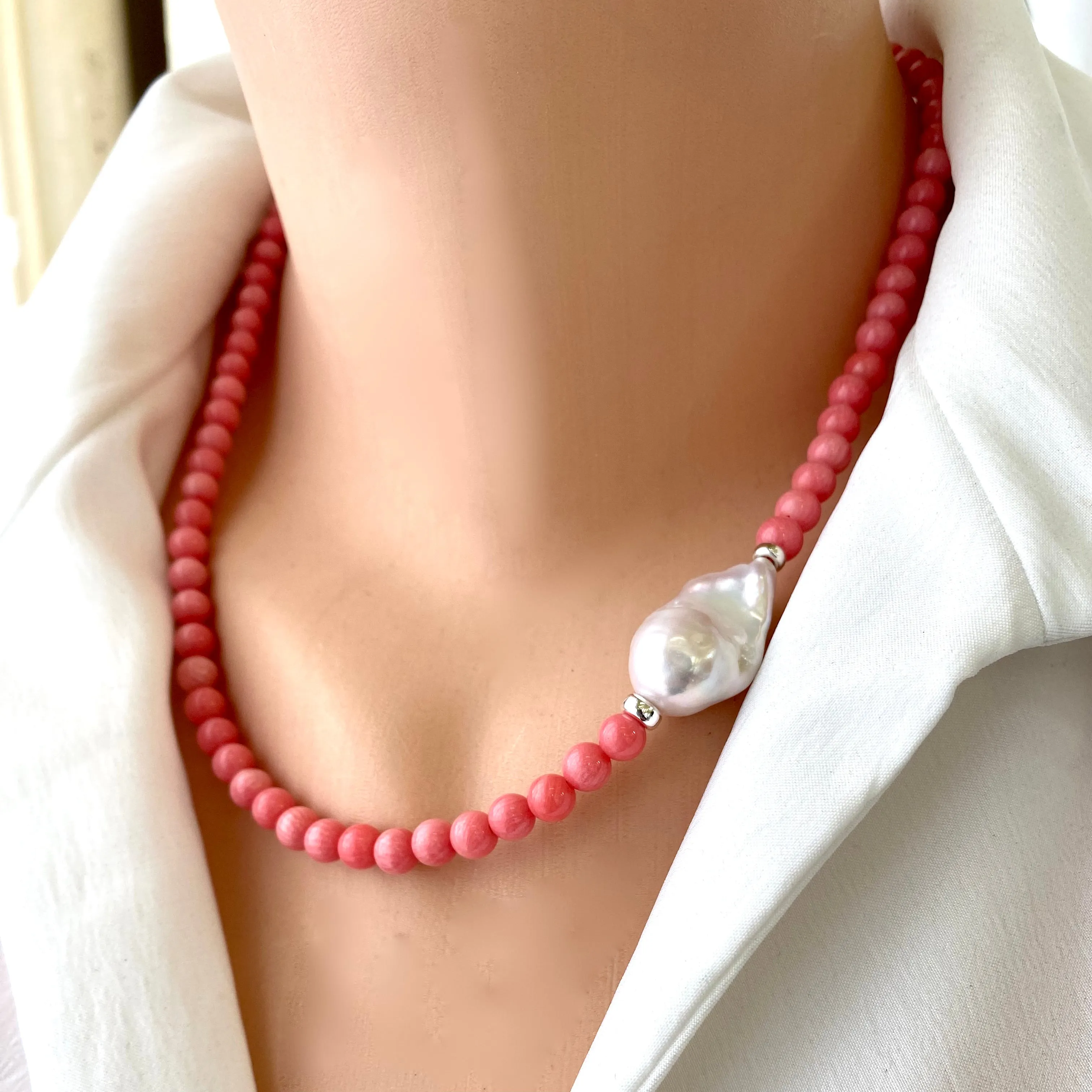 Pink Coral and Baroque Pearl Necklace with Sterling Silver Details, Summer jewelry, Beach jewelry, 18.5 inches