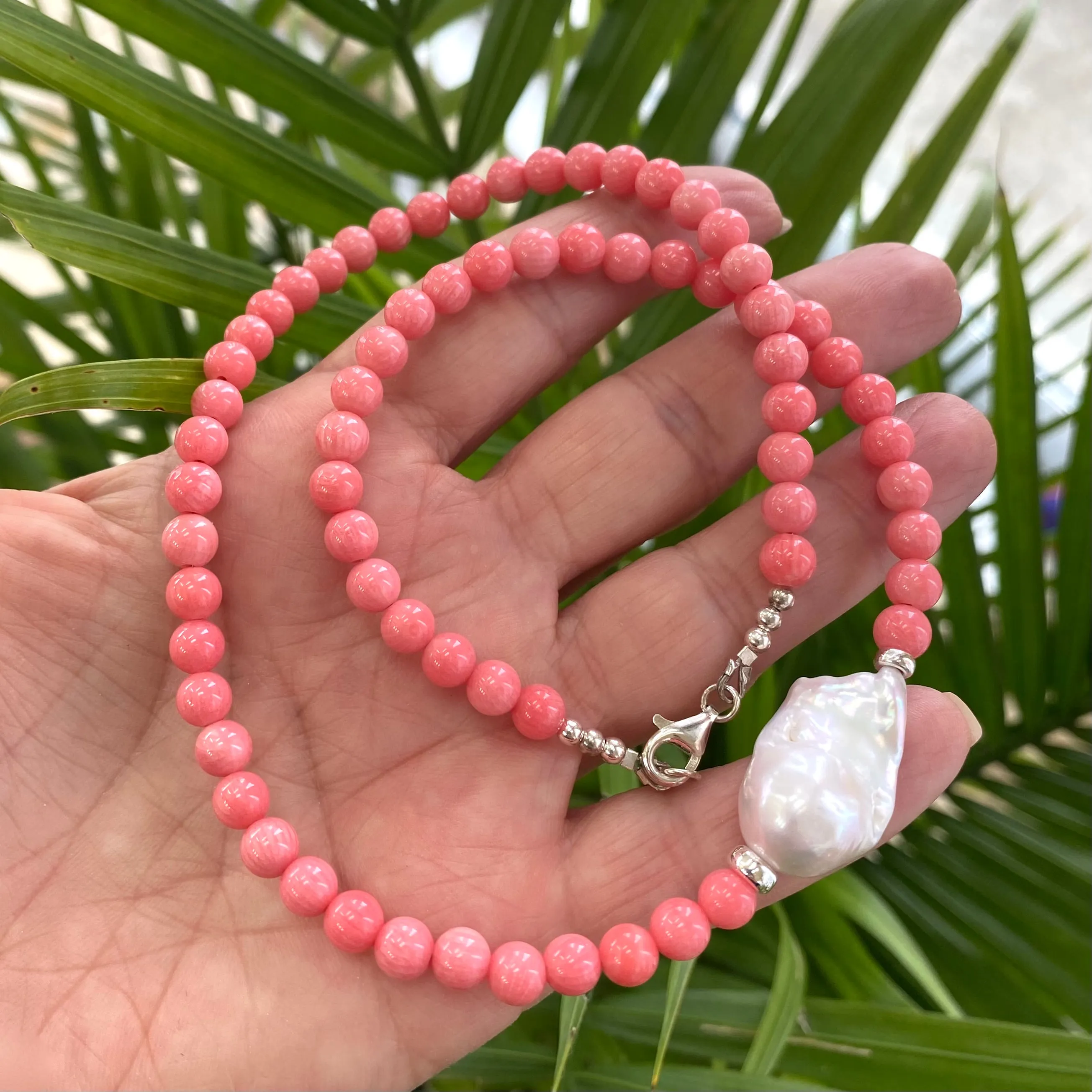 Pink Coral and Baroque Pearl Necklace with Sterling Silver Details, Summer jewelry, Beach jewelry, 18.5 inches