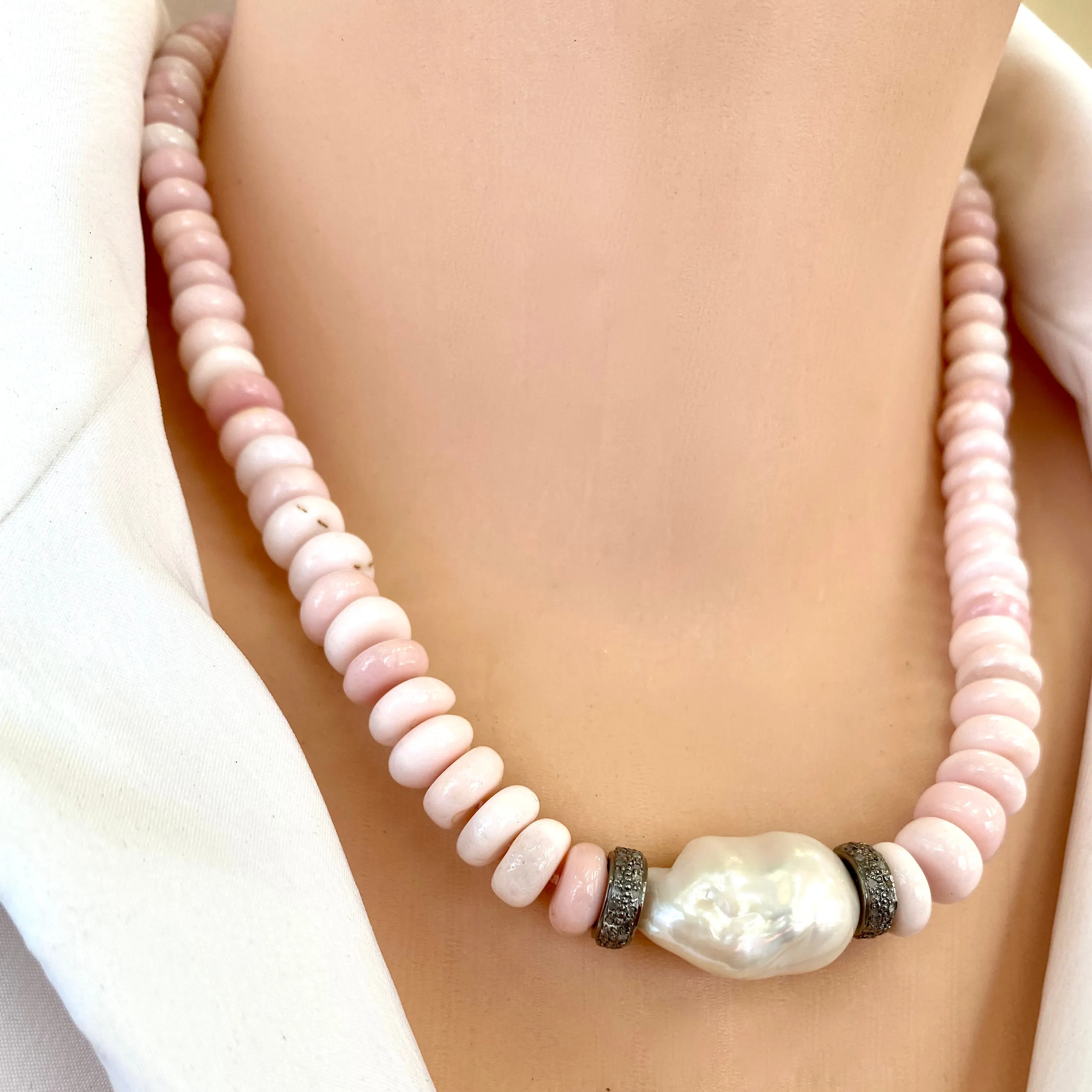 Pink Opal Candy Necklace with White Baroque Pearl and Diamonds, 18inches