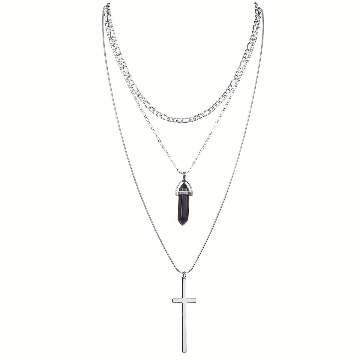 Punk Metal Style Alloy Cross Rhombus Gemstone Pendant Multilayer Stacking Necklace For Women