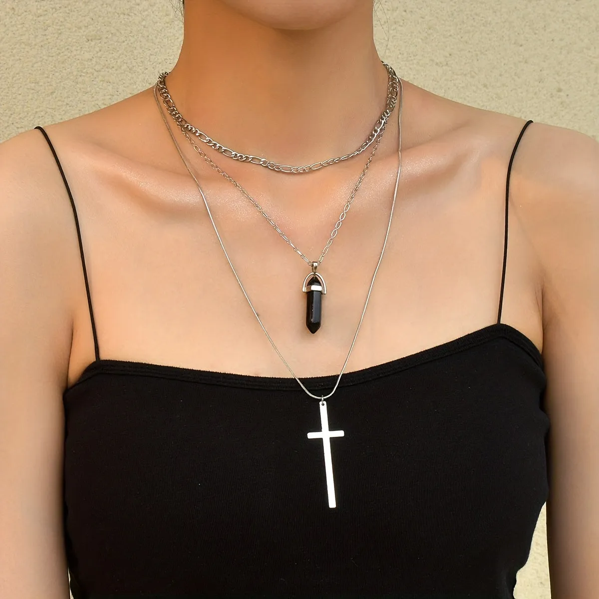 Punk Metal Style Alloy Cross Rhombus Gemstone Pendant Multilayer Stacking Necklace For Women