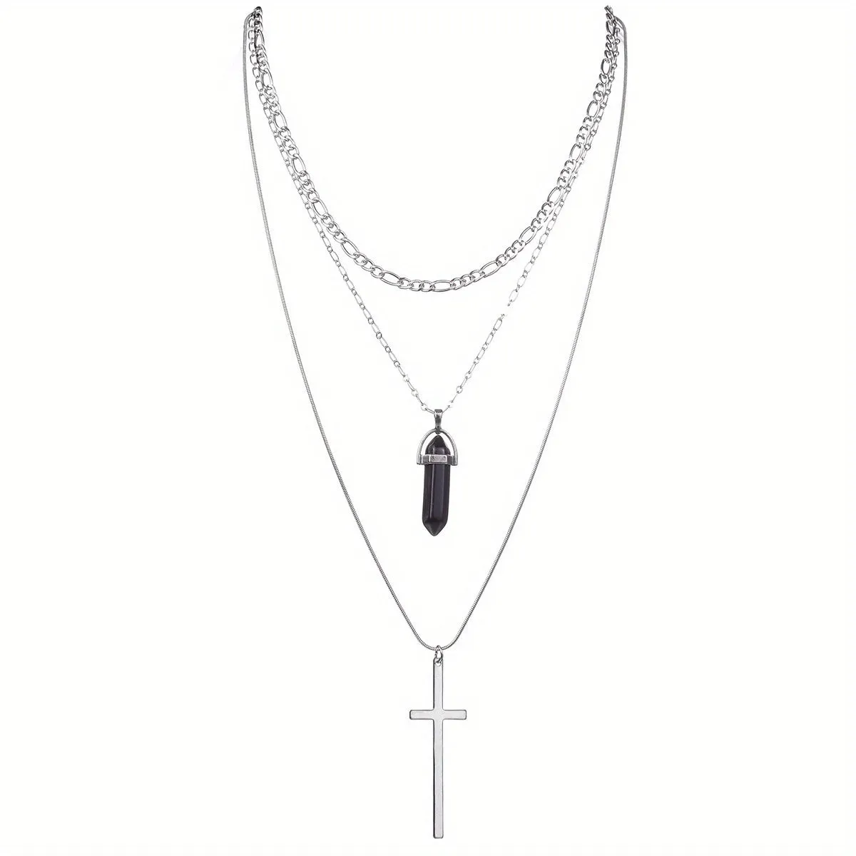 Punk Metal Style Alloy Cross Rhombus Gemstone Pendant Multilayer Stacking Necklace For Women