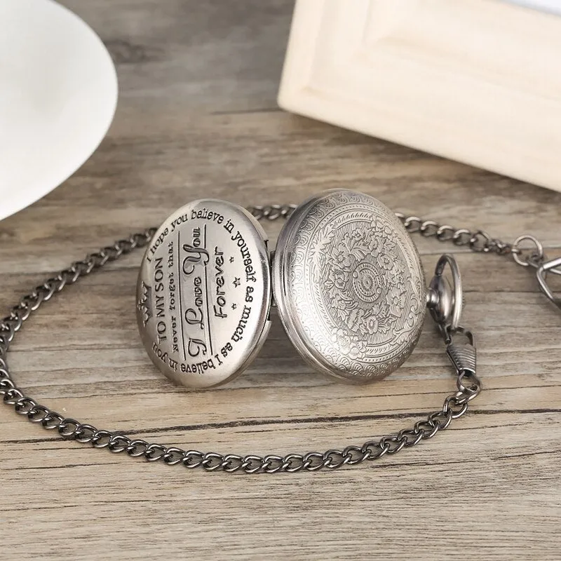 "To My Son, Never Forget That I Love You" Retro Engraved Quartz Pocket Watch