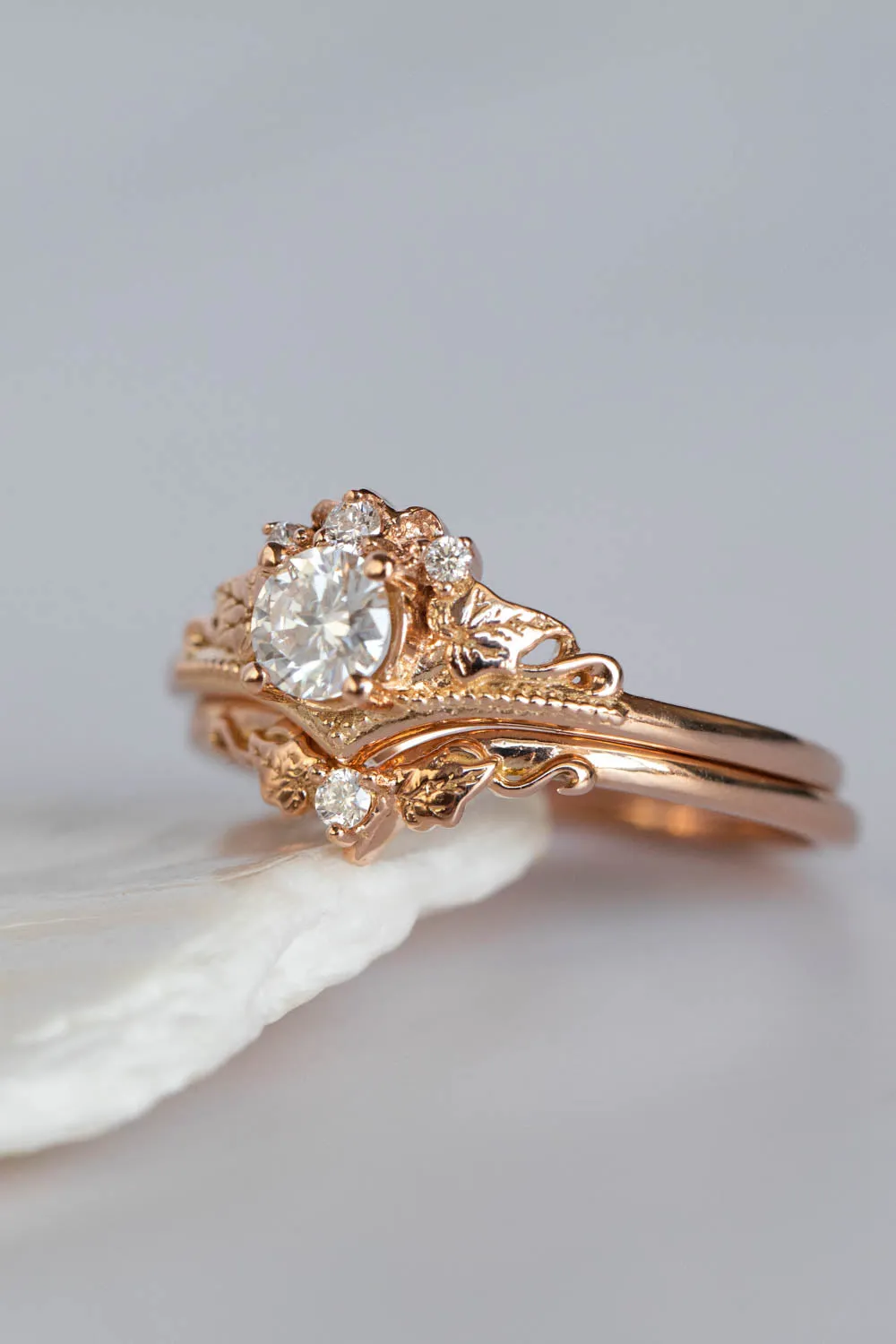 READY TO SHIP: Ariadne ring set in 14K rose gold, round cut moissanite 5 mm, moissanites, RING SIZE - 10.25 US