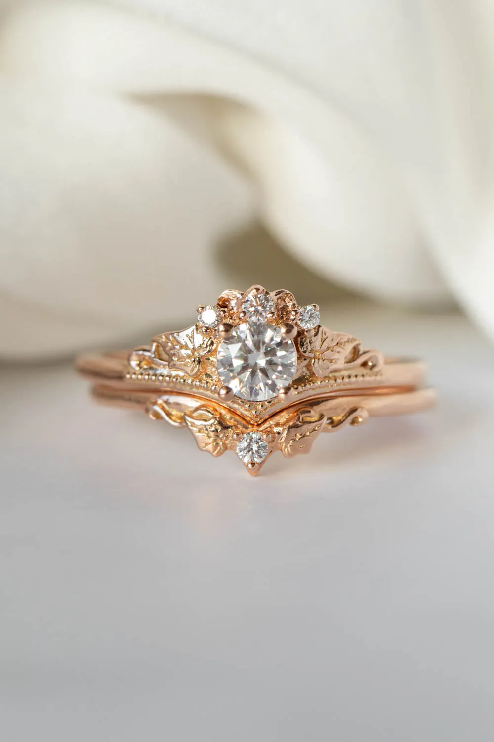 READY TO SHIP: Ariadne ring set in 14K rose gold, round cut moissanite 5 mm, moissanites, RING SIZE - 10.25 US