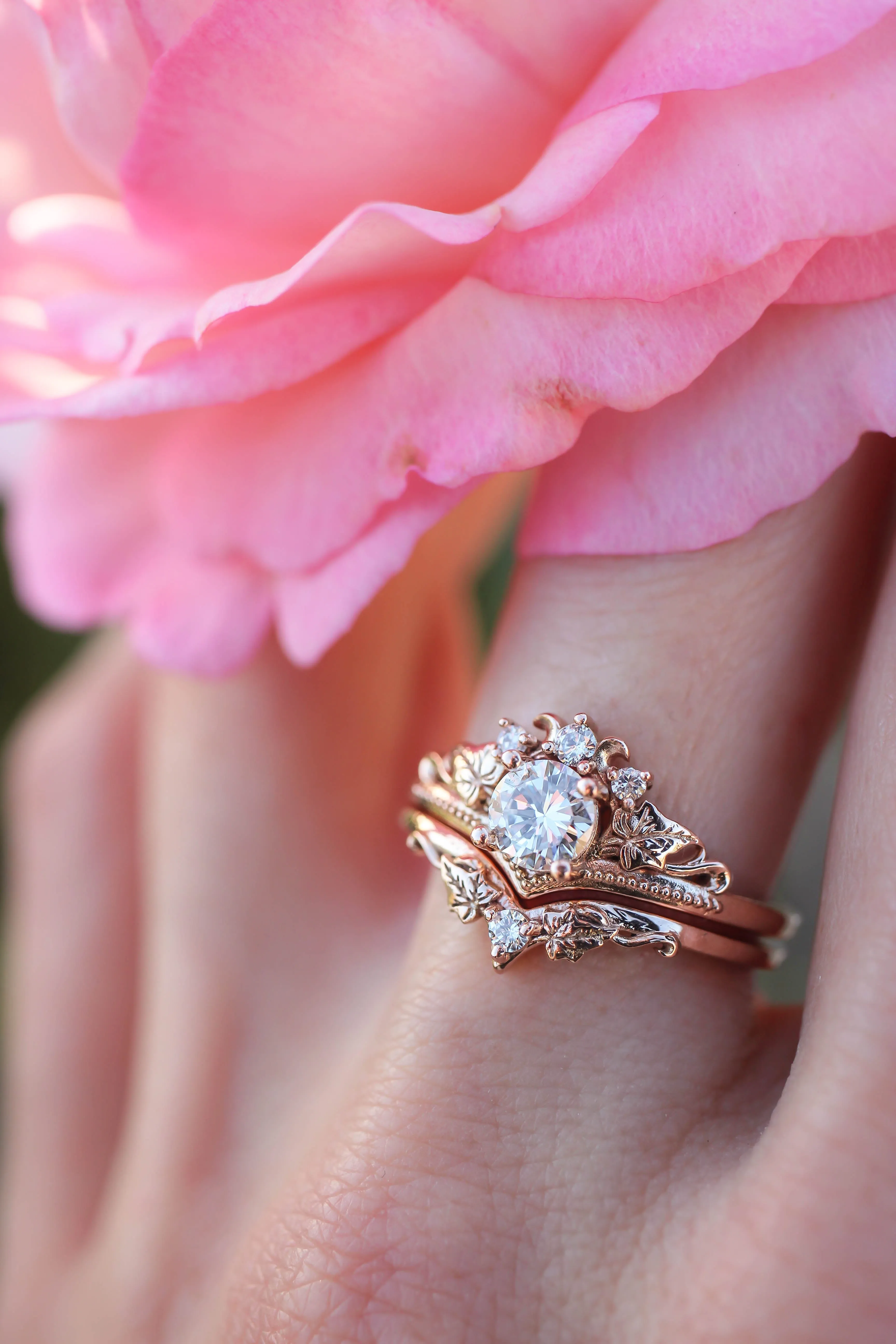 READY TO SHIP: Ariadne ring set in 14K rose gold, round cut moissanite 5 mm, moissanites, RING SIZE - 10.25 US