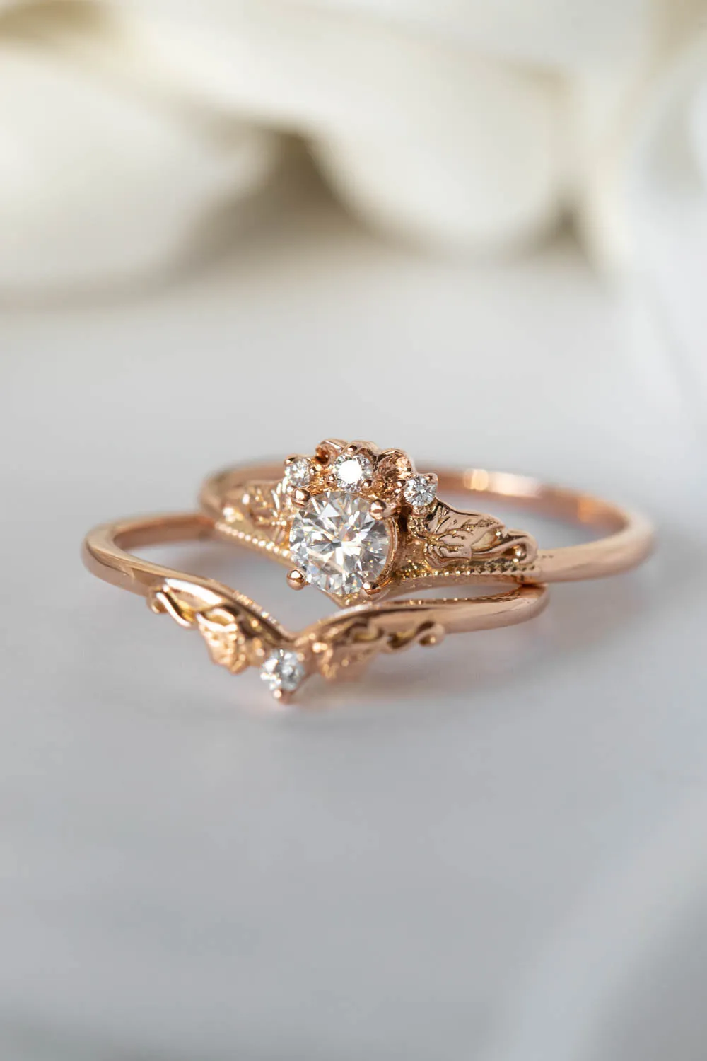 READY TO SHIP: Ariadne ring set in 14K rose gold, round cut moissanite 5 mm, moissanites, RING SIZE - 10.25 US