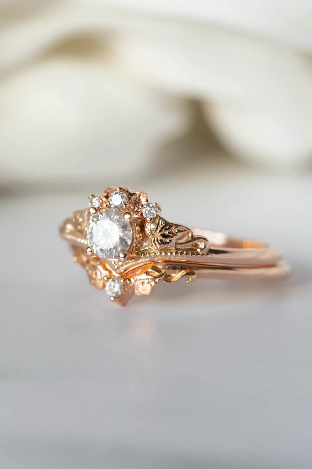 READY TO SHIP: Ariadne ring set in 14K rose gold, round cut moissanite 5 mm, moissanites, RING SIZE - 10.25 US