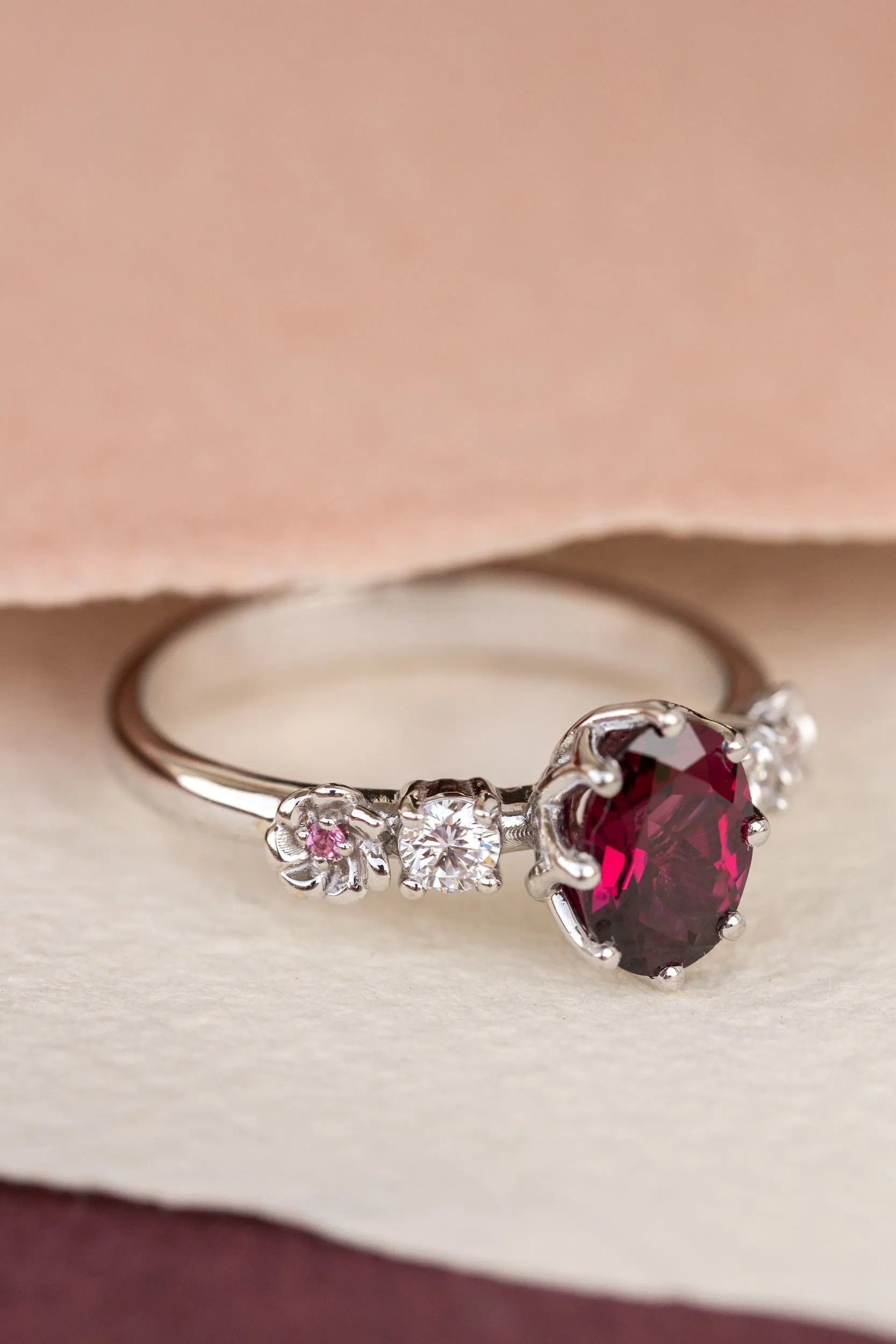 READY TO SHIP: Fiorella ring in 14K white gold, natural rhodolite garnet oval cut 8x6 mm, accents lab grown diamonds and pink tourmalines, AVAILABLE RING SIZES: 6.75-8.75US