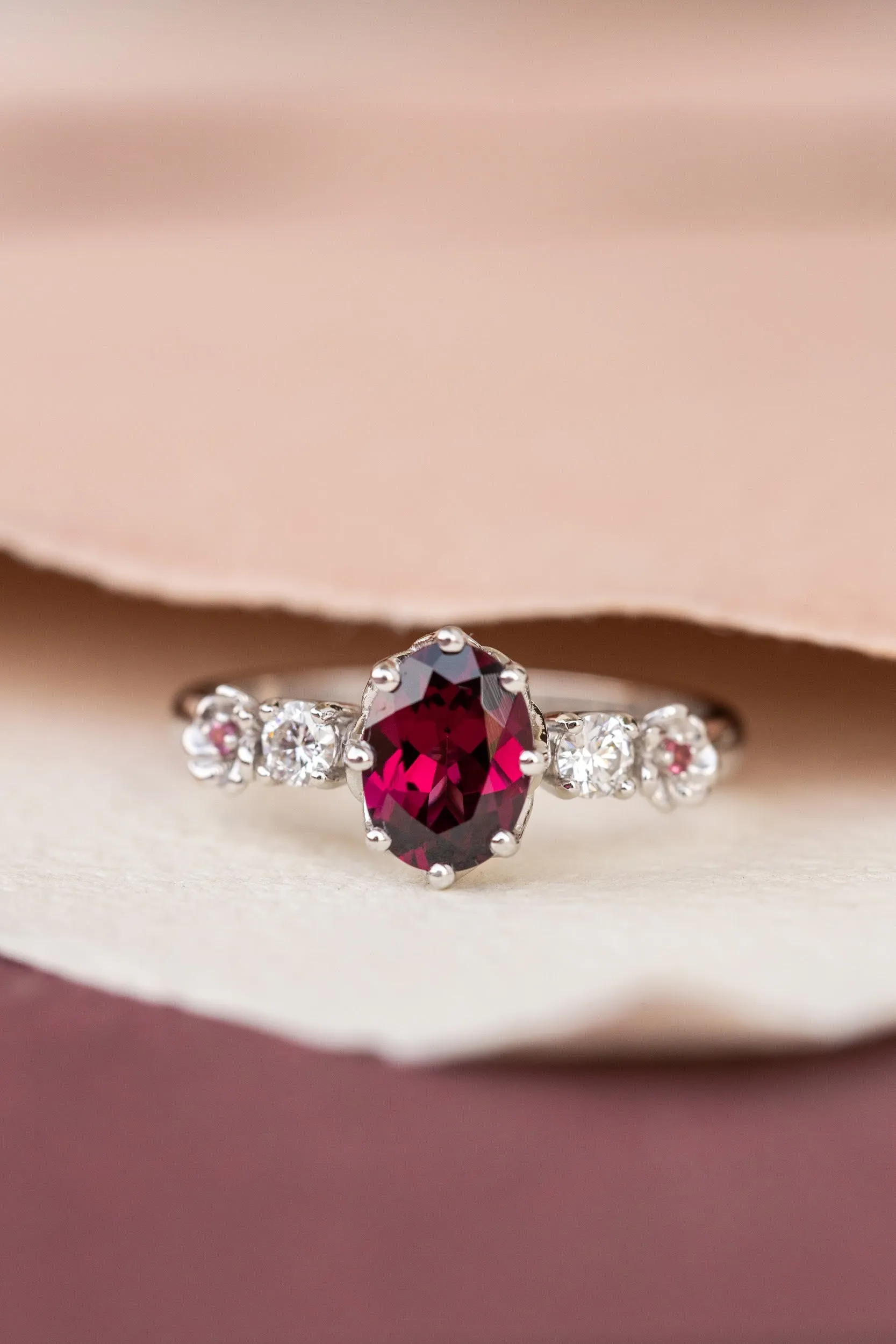 READY TO SHIP: Fiorella ring in 14K white gold, natural rhodolite garnet oval cut 8x6 mm, accents lab grown diamonds and pink tourmalines, AVAILABLE RING SIZES: 6.75-8.75US