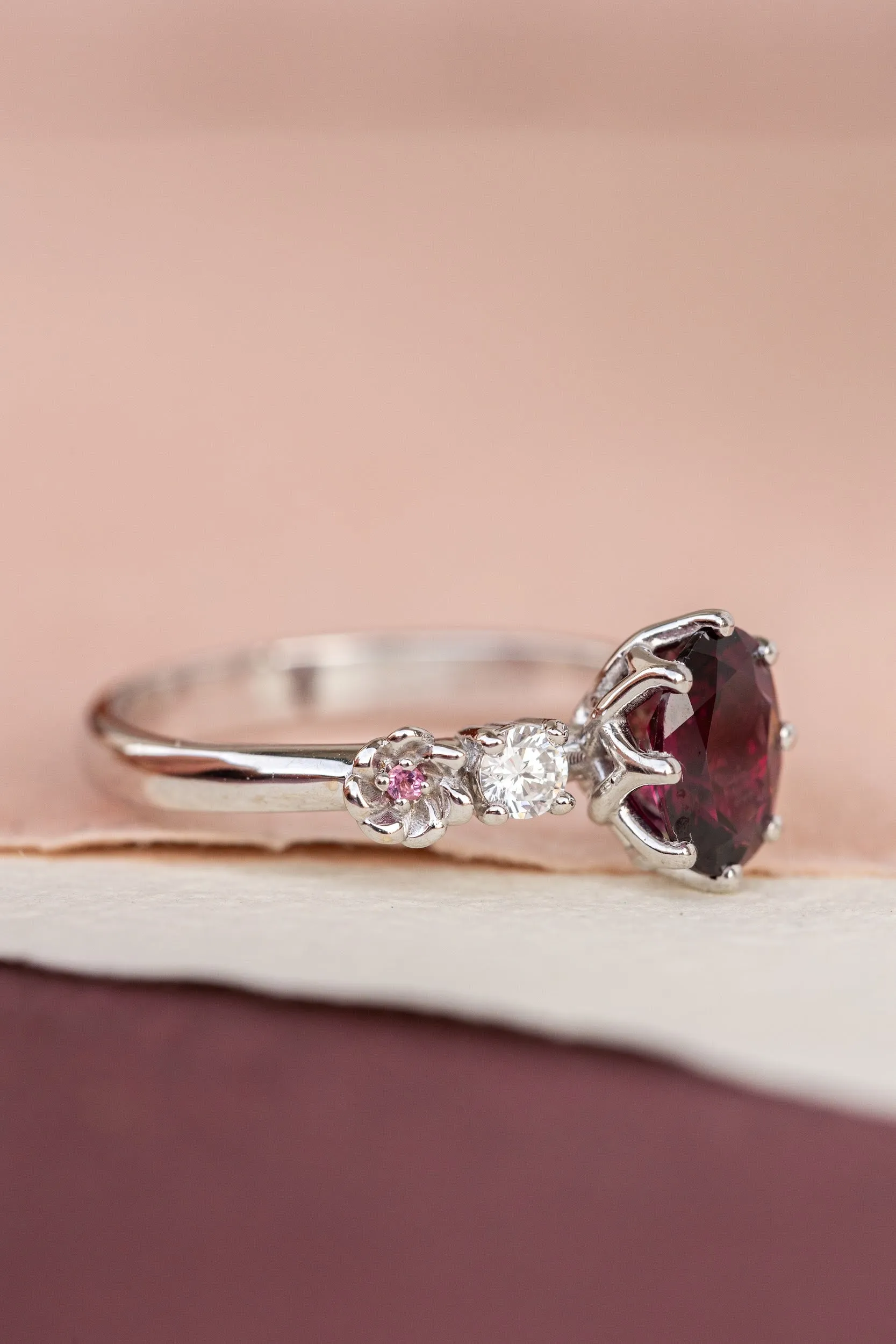 READY TO SHIP: Fiorella ring in 14K white gold, natural rhodolite garnet oval cut 8x6 mm, accents lab grown diamonds and pink tourmalines, AVAILABLE RING SIZES: 6.75-8.75US