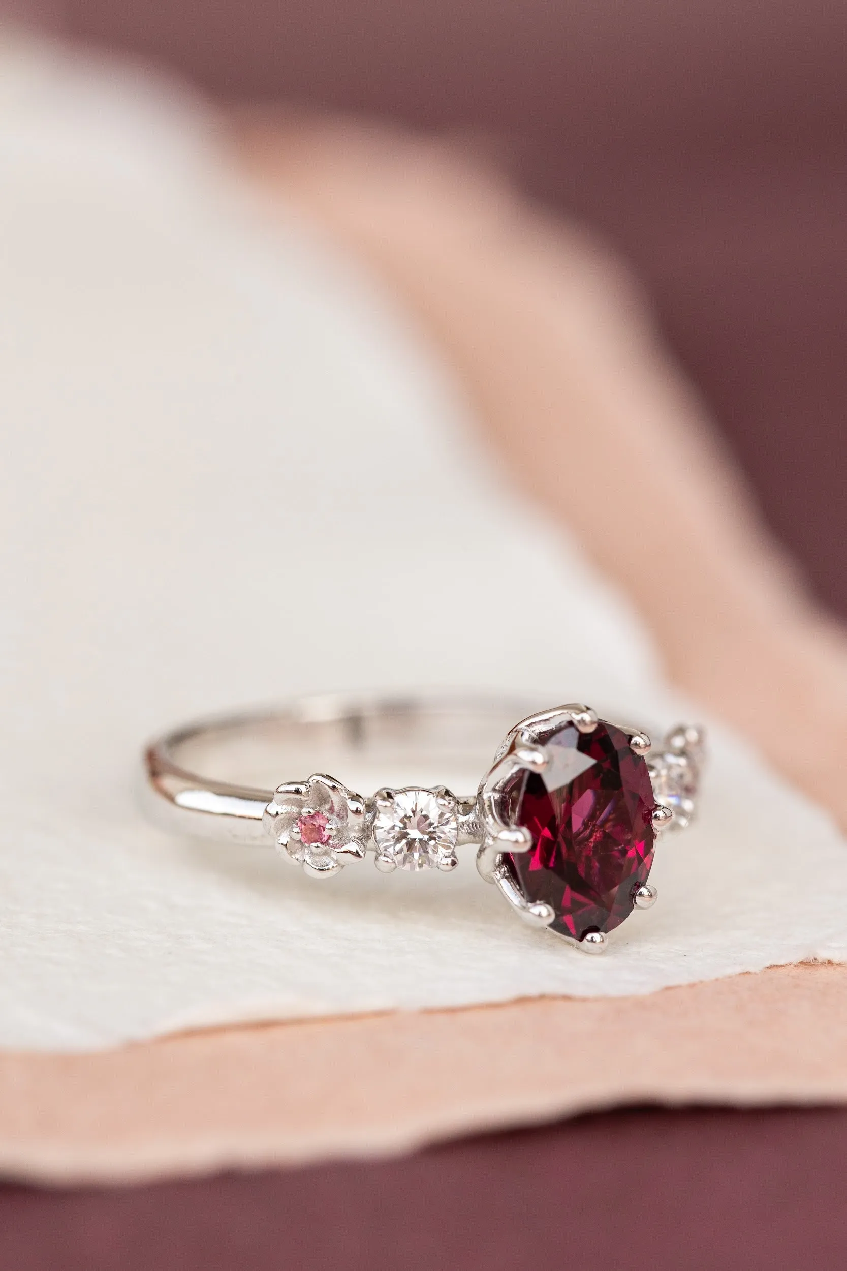 READY TO SHIP: Fiorella ring in 14K white gold, natural rhodolite garnet oval cut 8x6 mm, accents lab grown diamonds and pink tourmalines, AVAILABLE RING SIZES: 6.75-8.75US