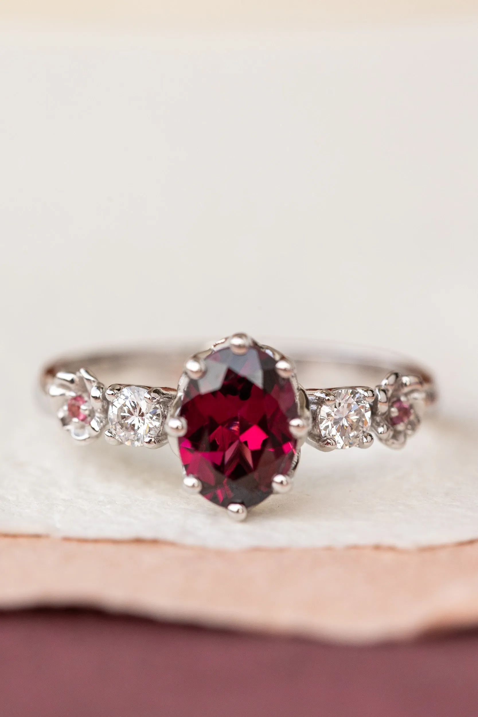 READY TO SHIP: Fiorella ring in 14K white gold, natural rhodolite garnet oval cut 8x6 mm, accents lab grown diamonds and pink tourmalines, AVAILABLE RING SIZES: 6.75-8.75US