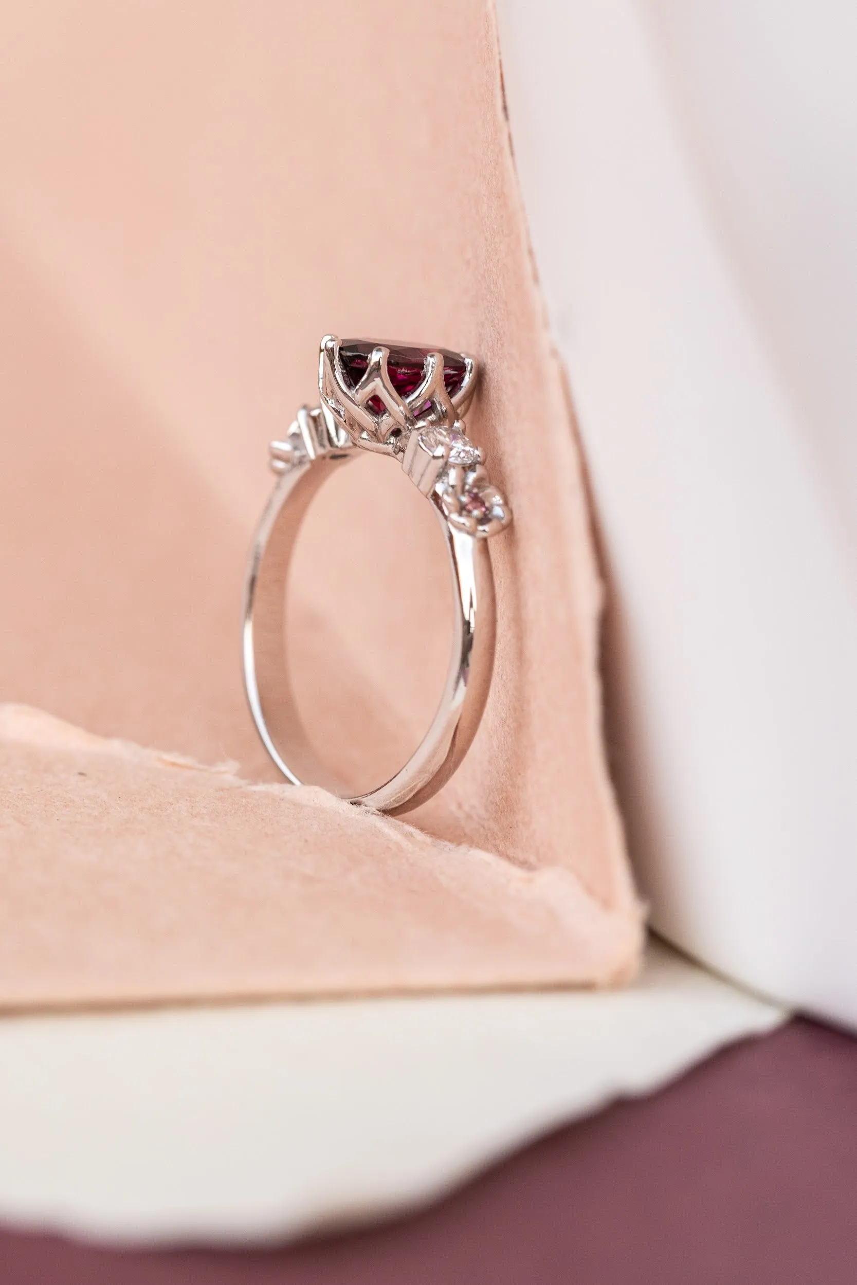 READY TO SHIP: Fiorella ring in 14K white gold, natural rhodolite garnet oval cut 8x6 mm, accents lab grown diamonds and pink tourmalines, AVAILABLE RING SIZES: 6.75-8.75US