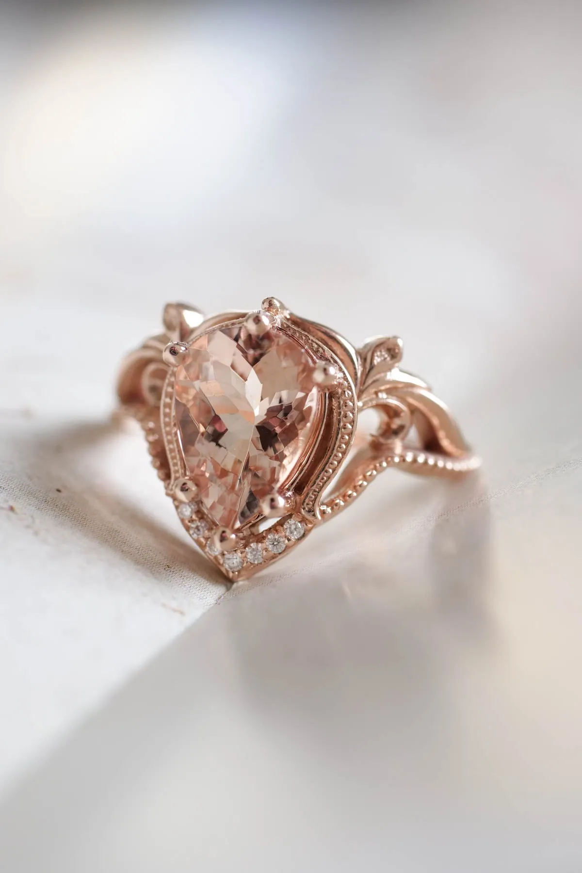 READY TO SHIP: Lida ring set in 14K rose gold, peach morganite 10x7 mm, moissanites, RING SIZE 5.5 US