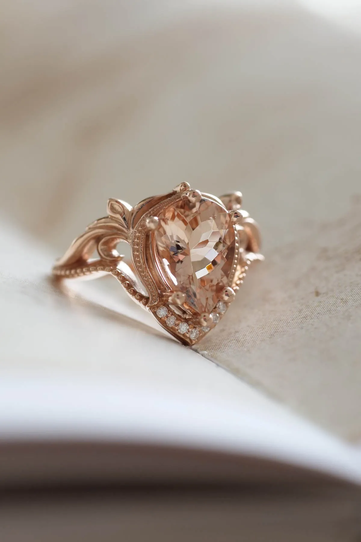 READY TO SHIP: Lida ring set in 14K rose gold, peach morganite 10x7 mm, moissanites, RING SIZE 5.5 US