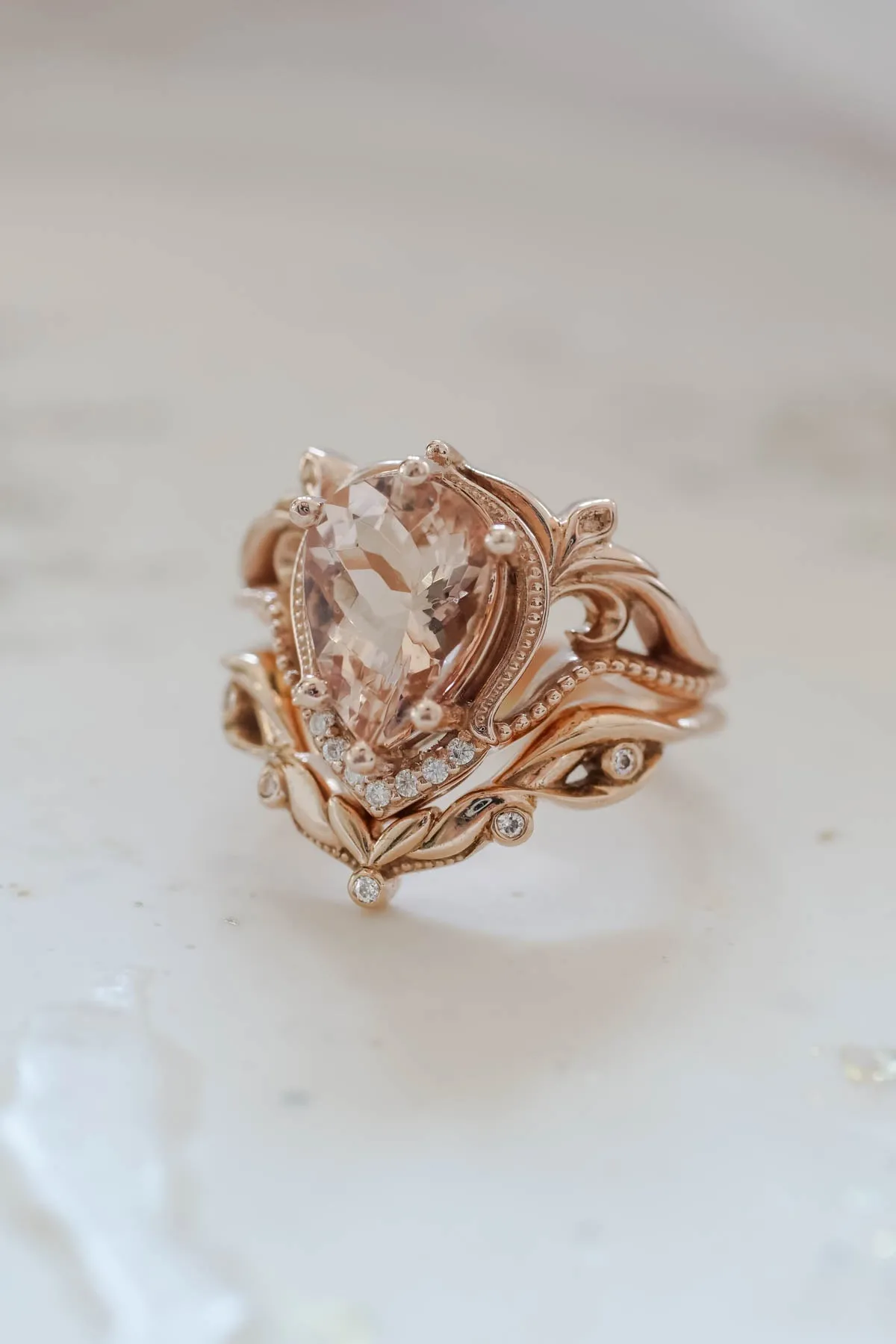 READY TO SHIP: Lida ring set in 14K rose gold, peach morganite 10x7 mm, moissanites, RING SIZE 5.5 US