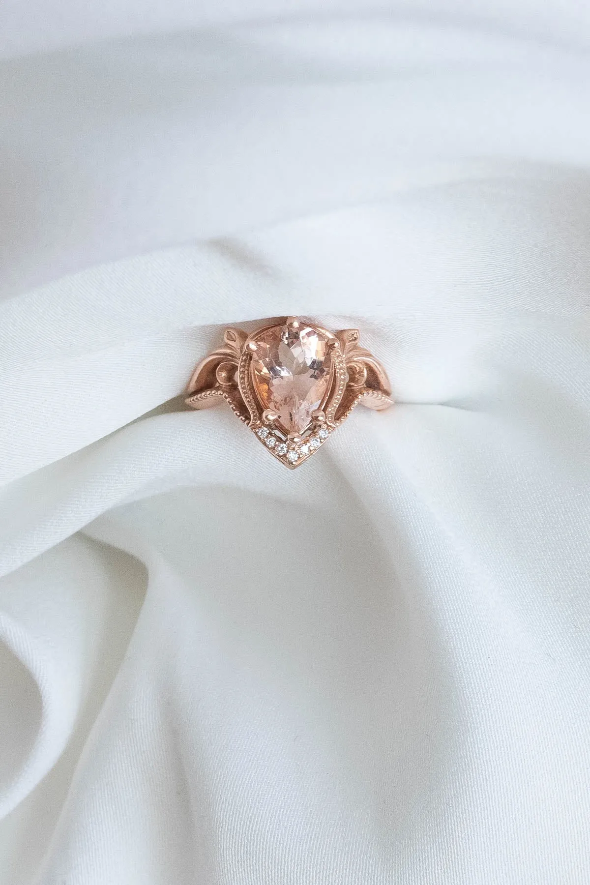 READY TO SHIP: Lida ring set in 14K rose gold, peach morganite 10x7 mm, moissanites, RING SIZE 5.5 US