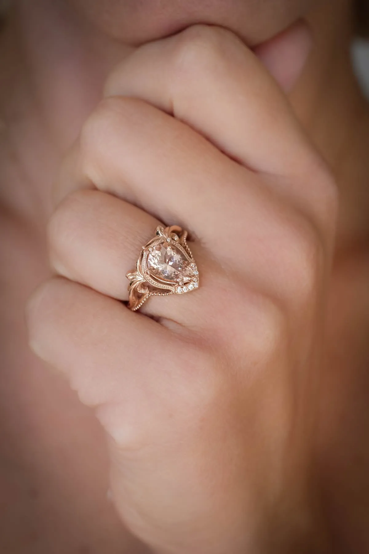 READY TO SHIP: Lida ring set in 14K rose gold, peach morganite 10x7 mm, moissanites, RING SIZE 5.5 US