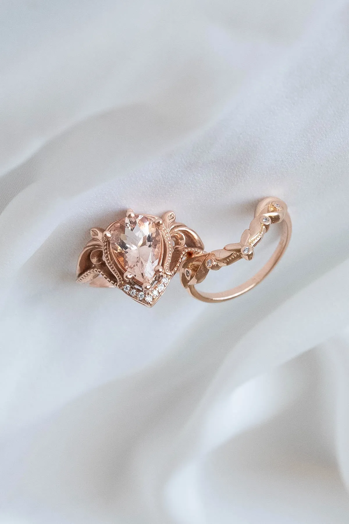 READY TO SHIP: Lida ring set in 14K rose gold, peach morganite 10x7 mm, moissanites, RING SIZE 5.5 US