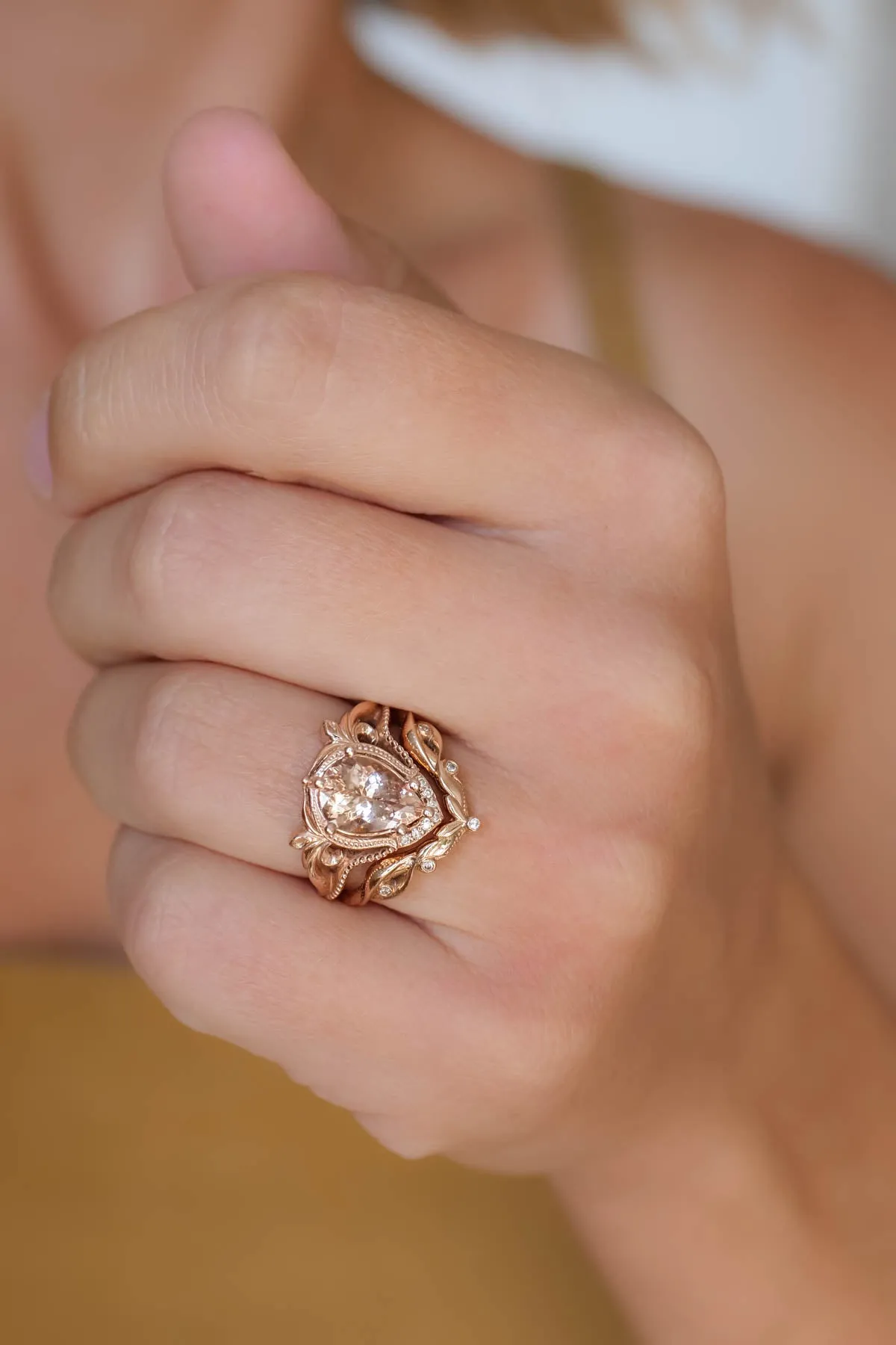 READY TO SHIP: Lida ring set in 14K rose gold, peach morganite 10x7 mm, moissanites, RING SIZE 5.5 US