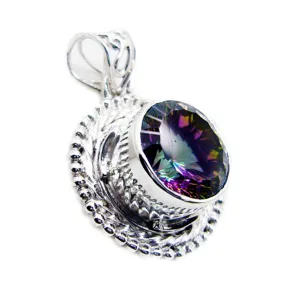 Riyo Drop Gemstone Round Faceted Multi Color Mystic Quartz 1180 Sterling Silver Pendant Gift For Girlfriend