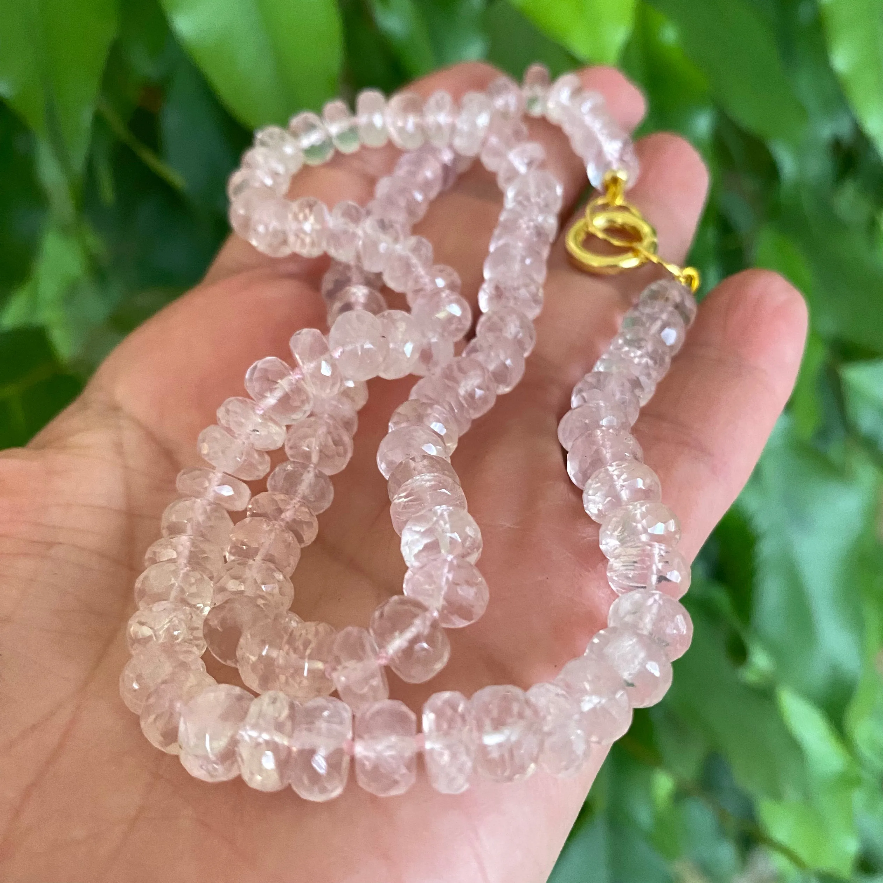 Rose Quartz Candy Necklace, Gold Vermeil Plated Push Lock or Carabiner Clasp, 19”inches