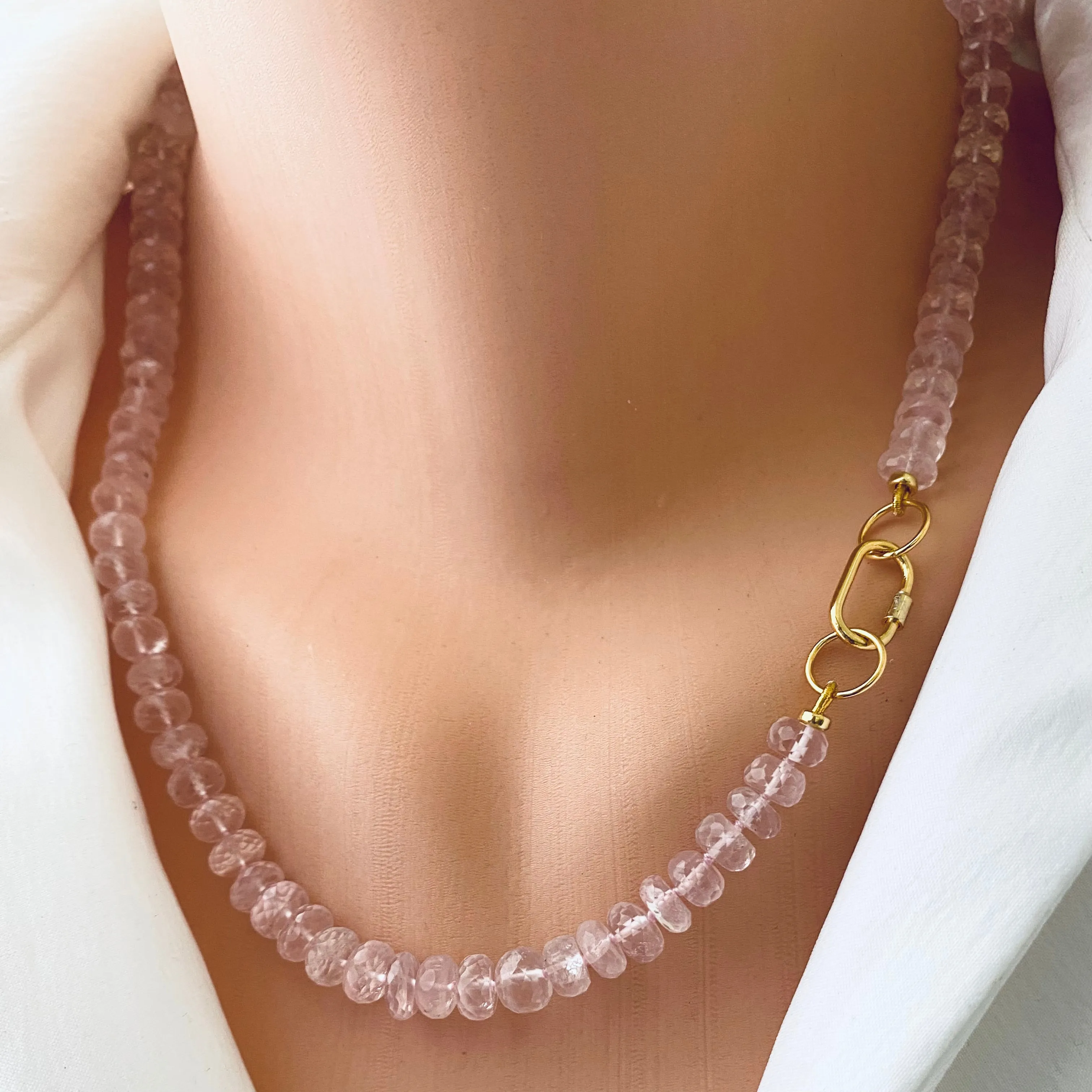 Rose Quartz Candy Necklace, Gold Vermeil Plated Push Lock or Carabiner Clasp, 19”inches