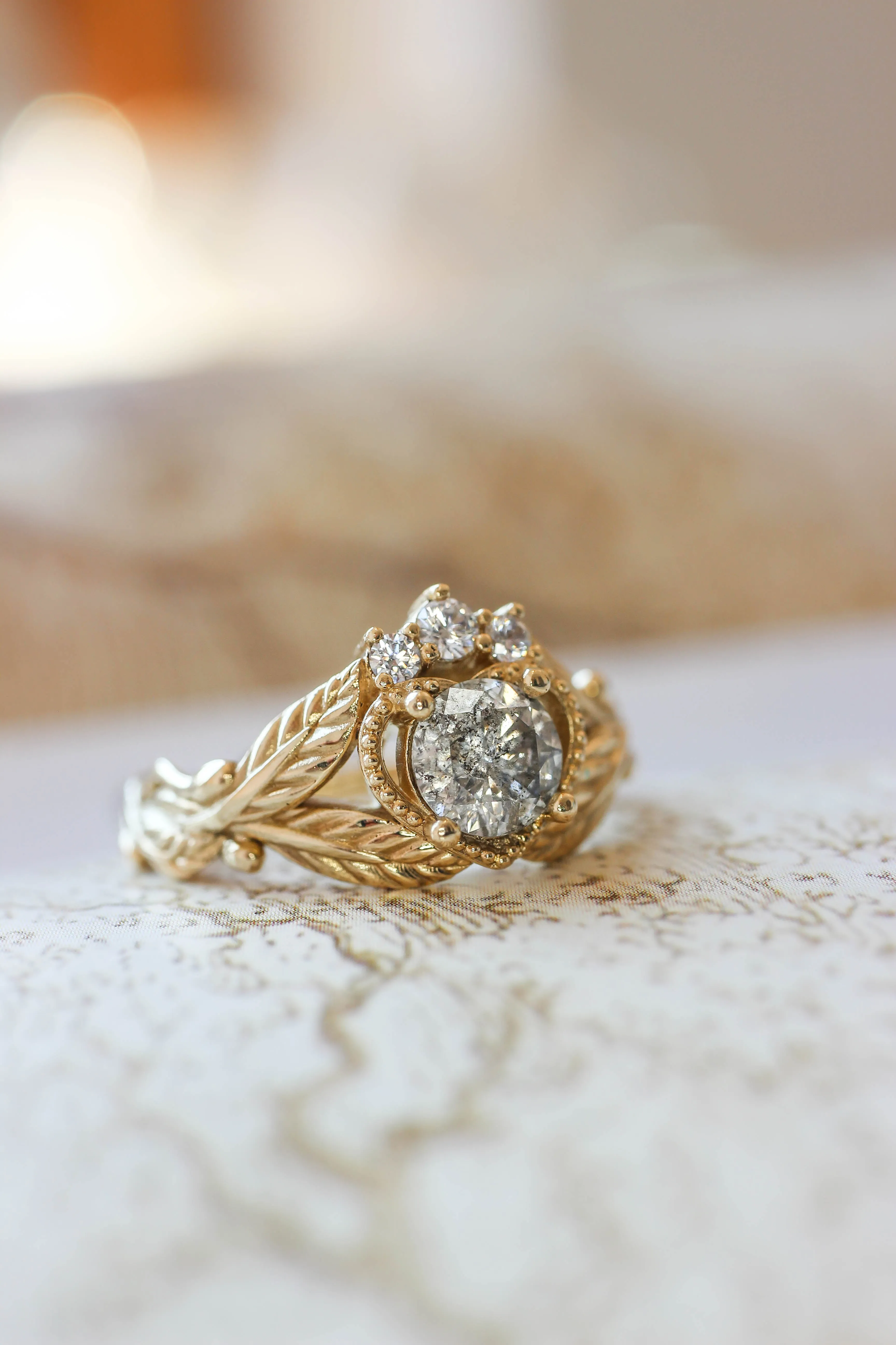 Salt and pepper diamond engagement ring, alternative Claddagh ring