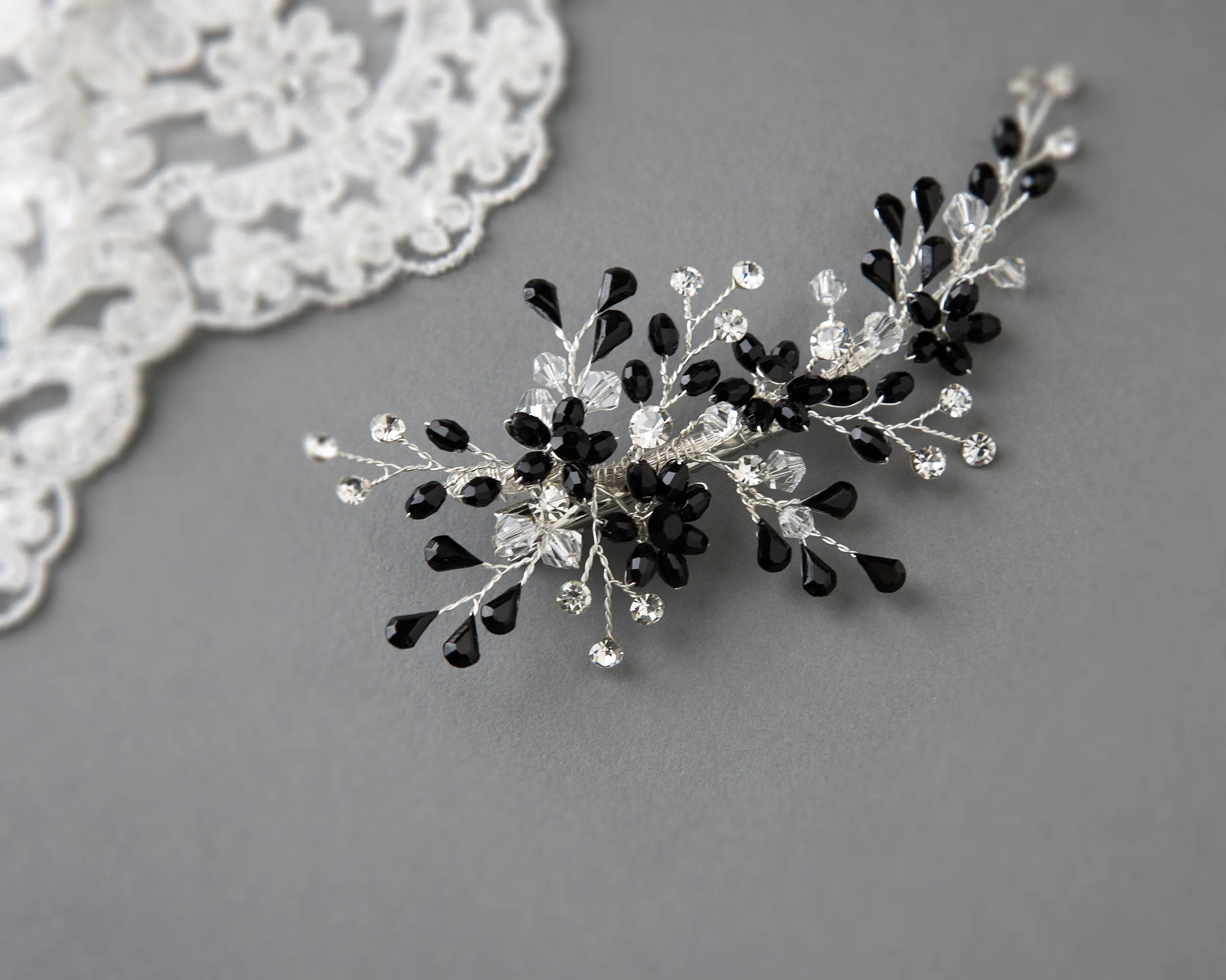 Silver and Black Crystal Wedding Hair Clip