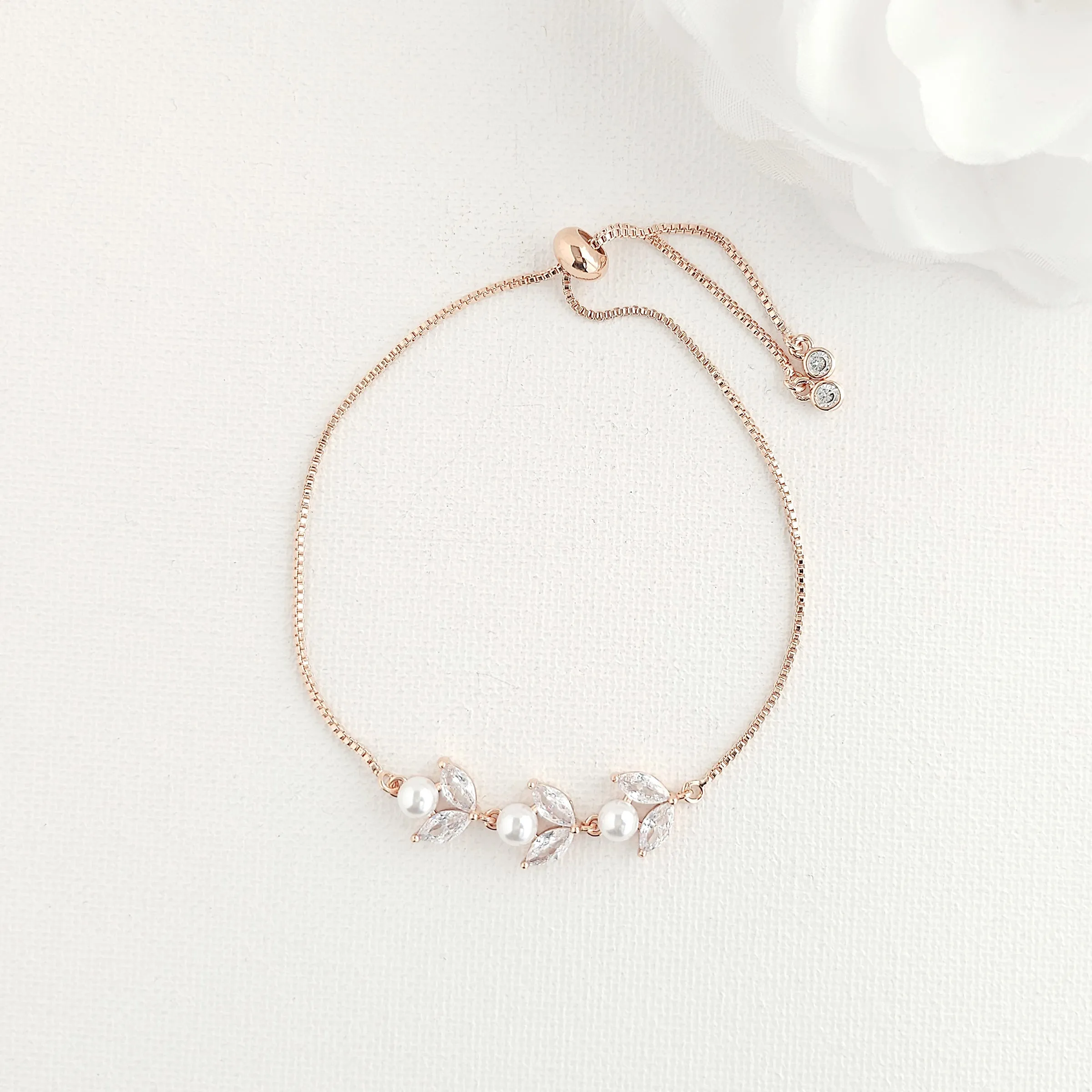 Silver CZ Leaf and Pearl Bracelet-Leila